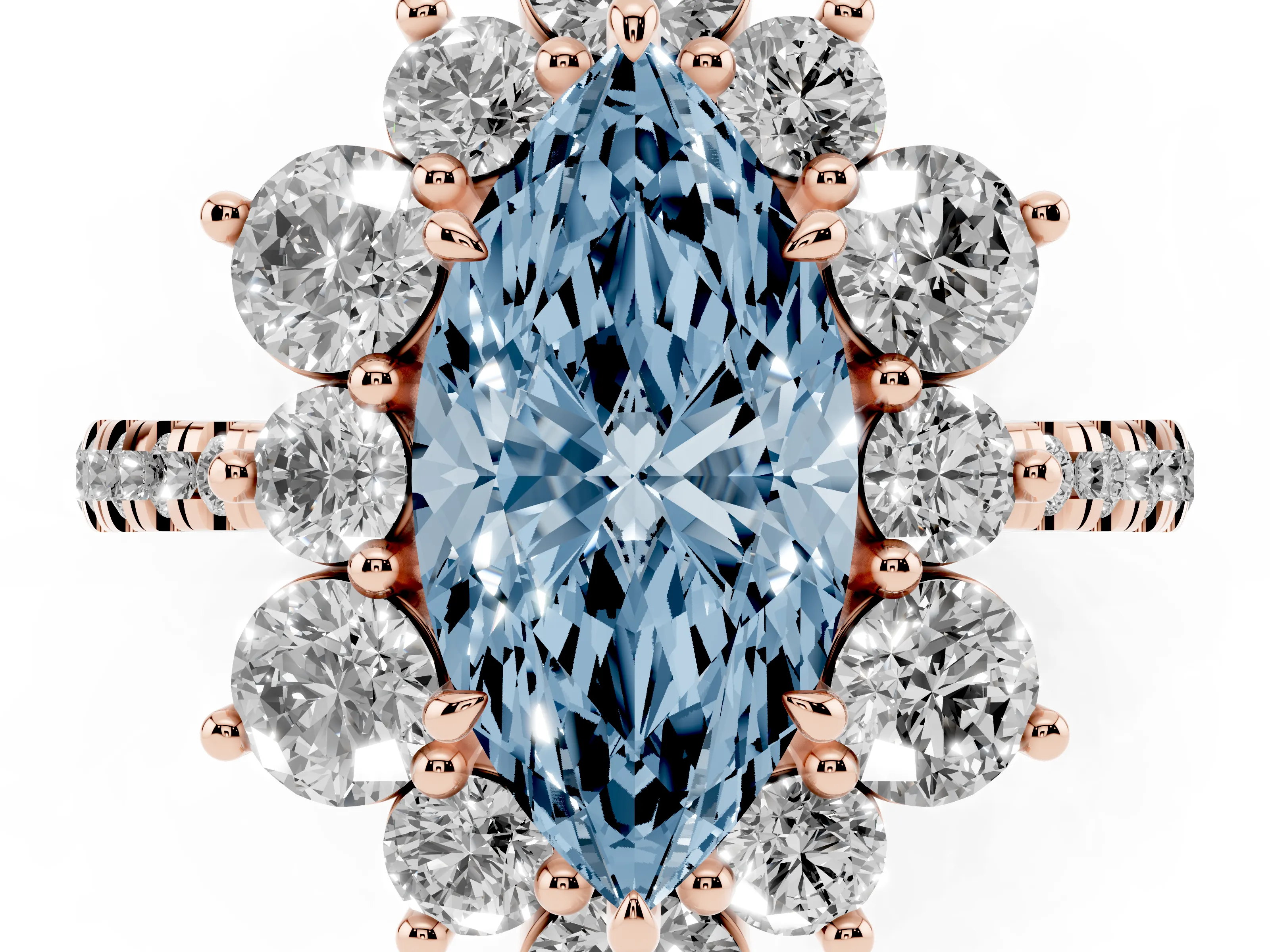 Fancy Blue Marquise Cut Diamond Floral Halo Ring Set in Rose gold with Round Pavé Band and Prong Setting