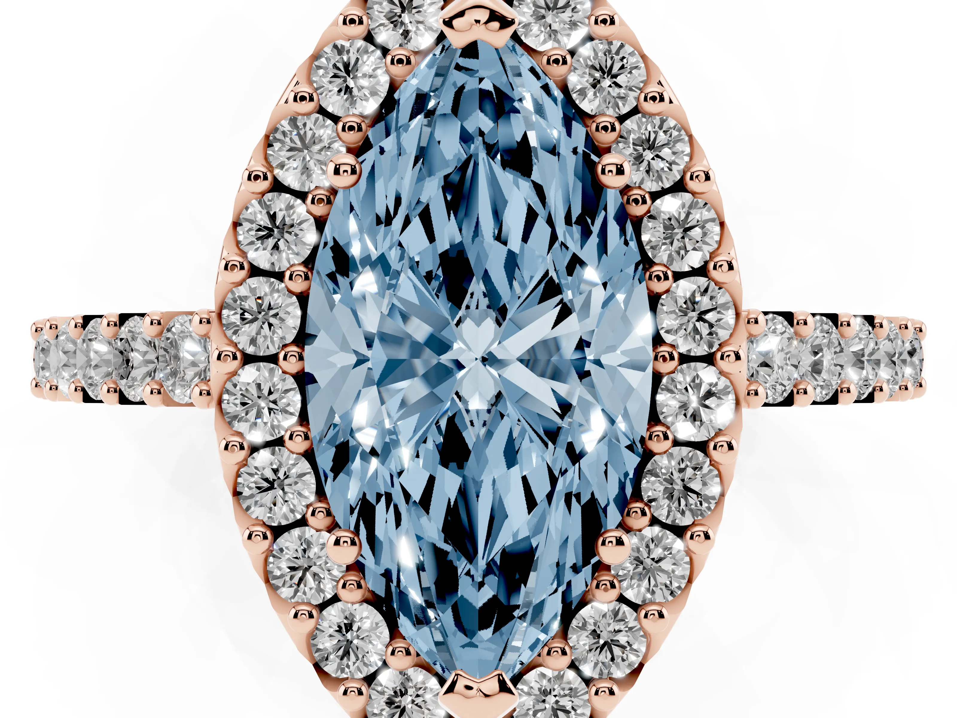 Fancy Blue Marquise Cut Diamond Halo Pavé Solitaire Ring Set in Rose gold with Prong-Set Center Stone