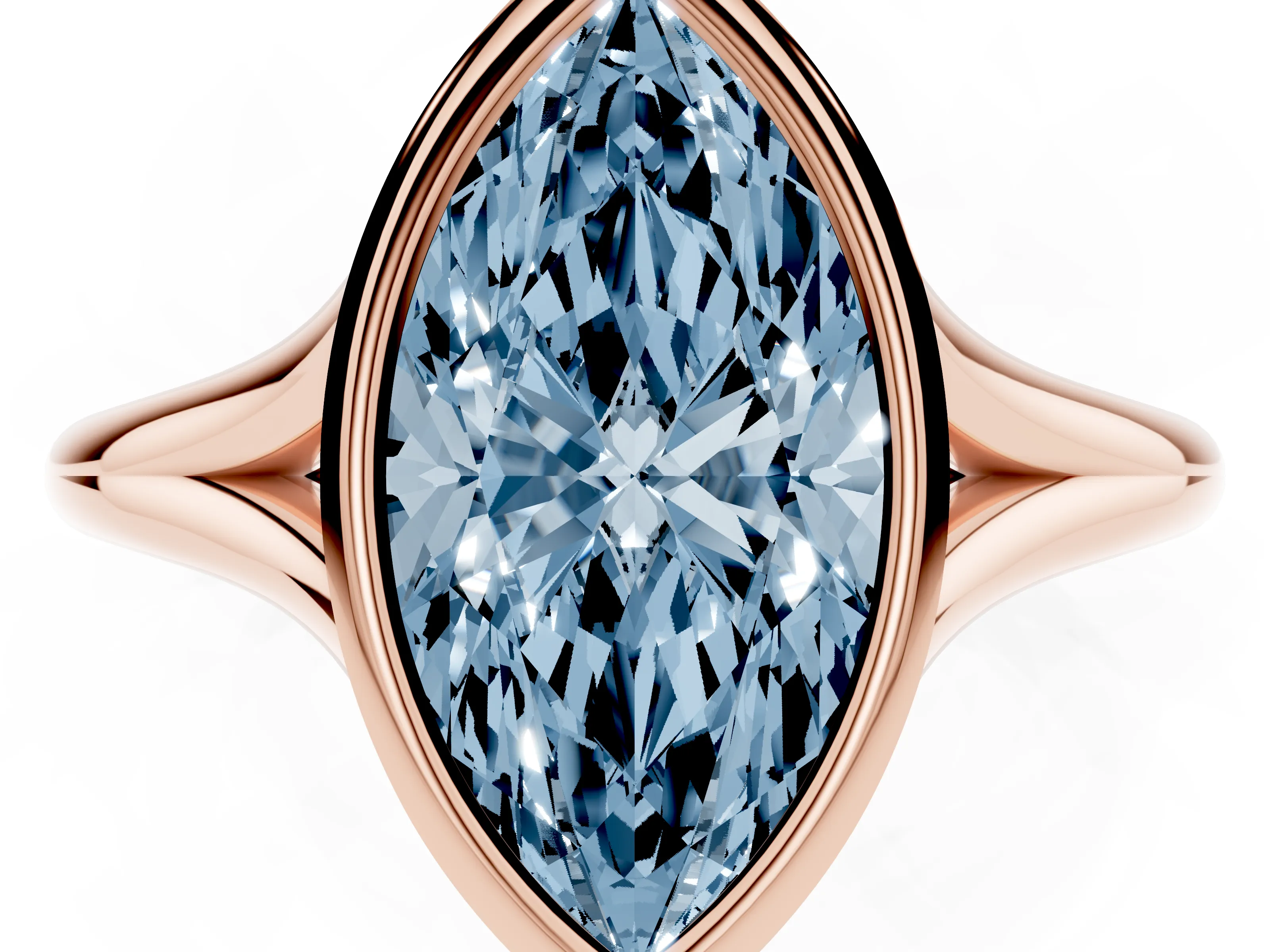 Fancy Blue Bezel Set Marquise Cut Diamond Solitaire Ring Set in Rose gold with Tapered Band
