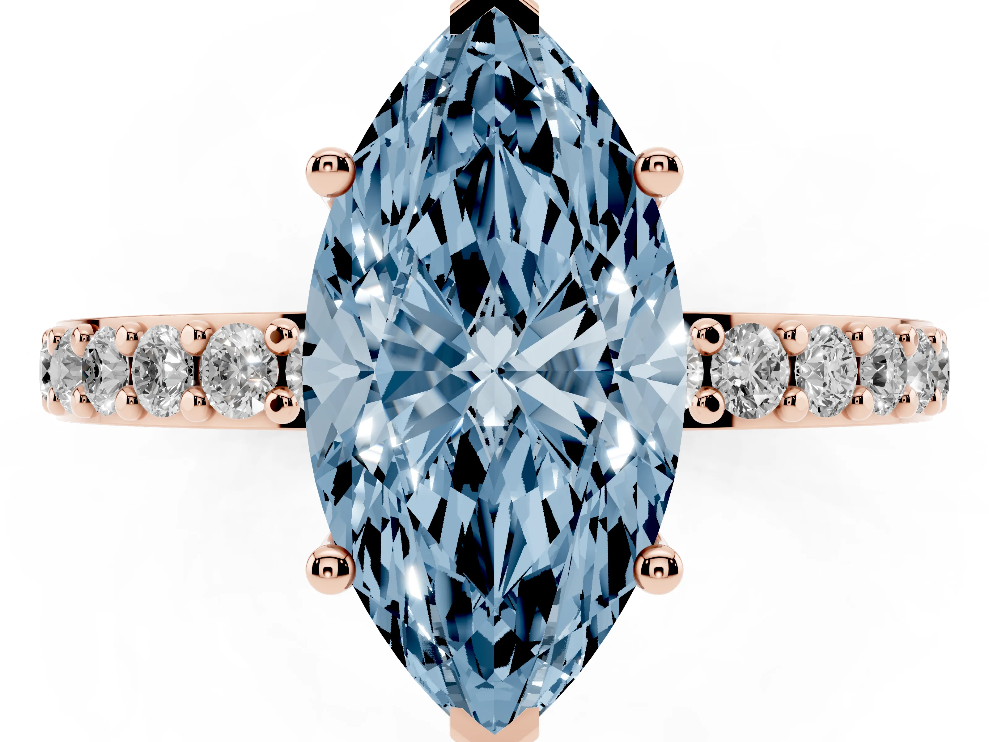 Fancy Blue Marquise Cut Diamond Solitaire Set in Rose gold with Round Pavé Band and Prong Setting