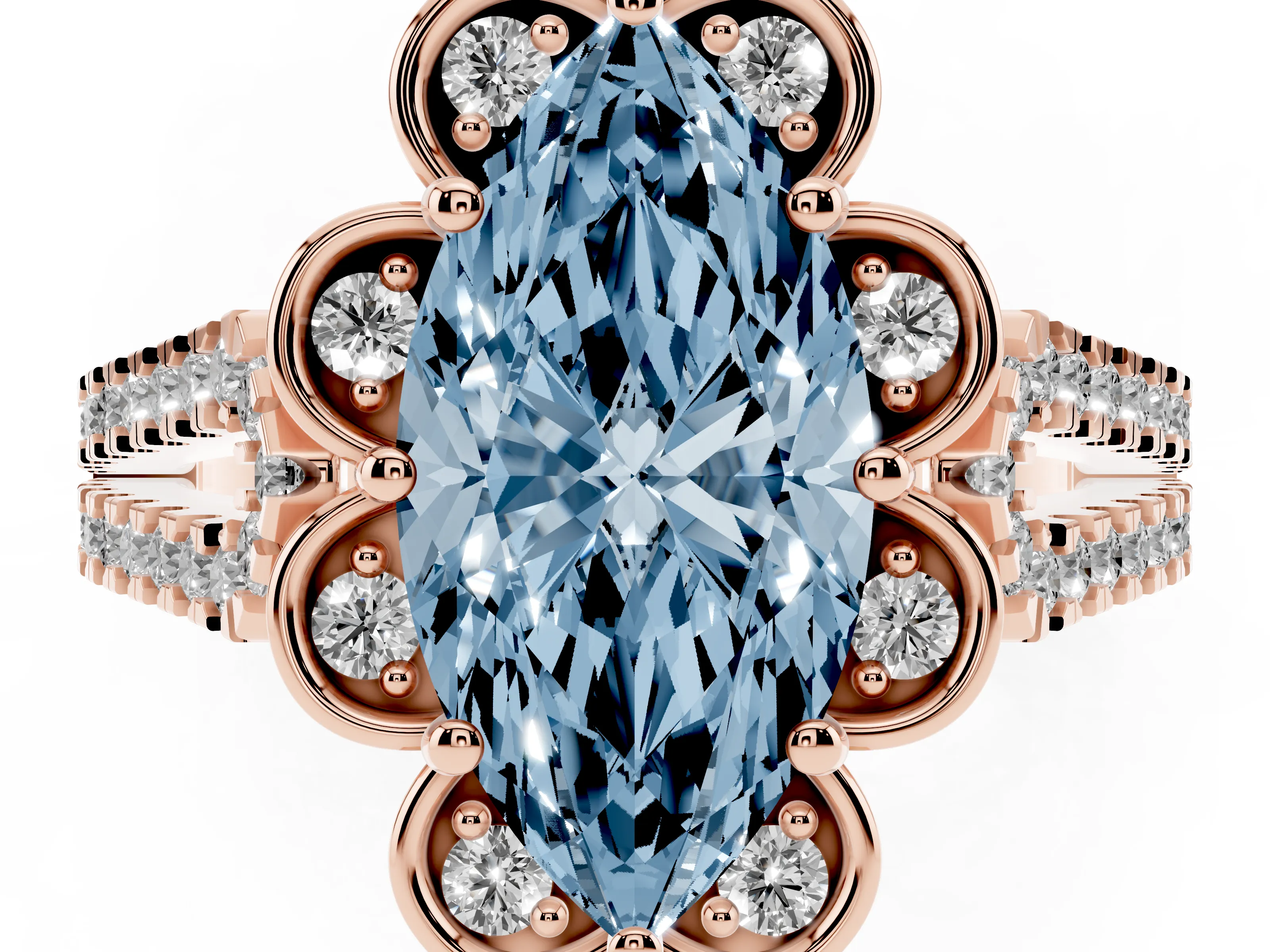 Fancy Blue Marquise Cut Diamond Floral Halo Split Shank Engagement Ring Set in Rose gold with Pavé Shank