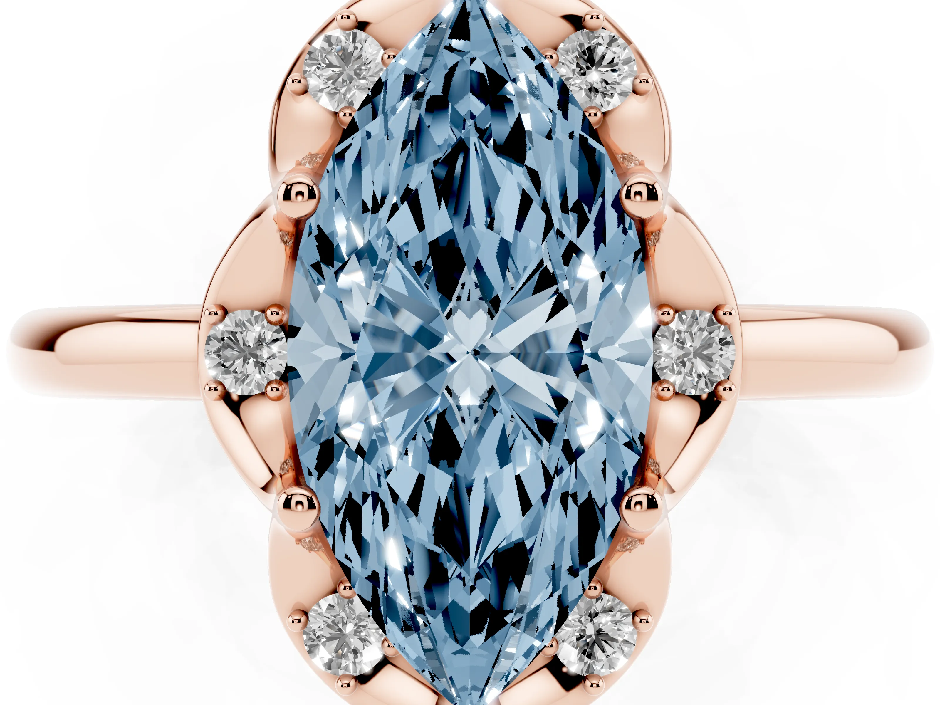 Fancy Blue Marquise Cut Diamond Round Cluster Halo Ring Set in Rose gold with Solitaire Band and Prong Setting