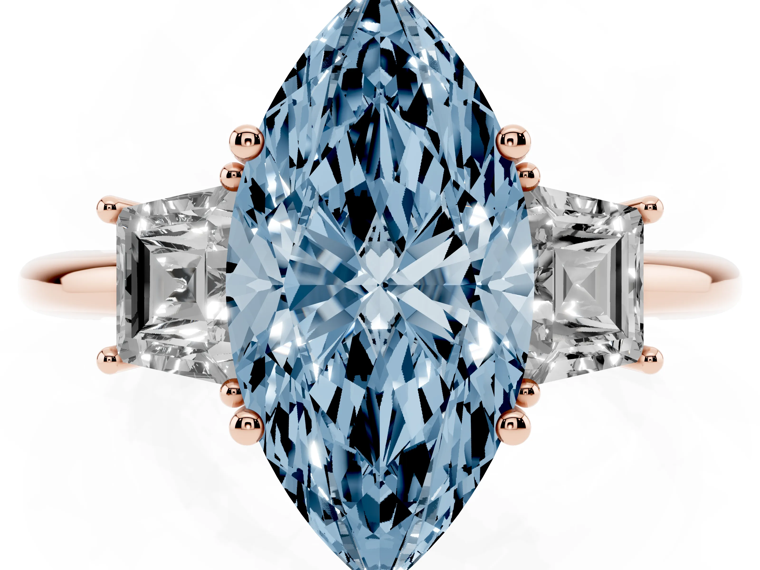Fancy Blue Marquise Cut Diamond Three-Stone Ring Set in Rose gold with Trapezoid Side Stones and Prong Setting