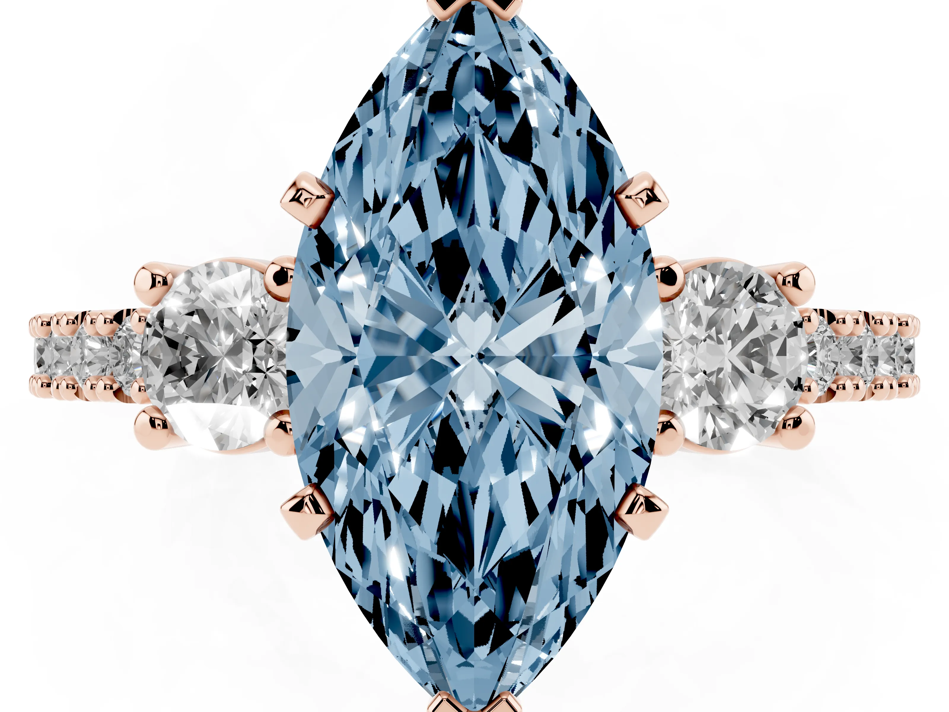 Fancy Blue Three-Stone Marquise Cut Diamond Pavé Band Ring Set in Rose gold with Prong Setting