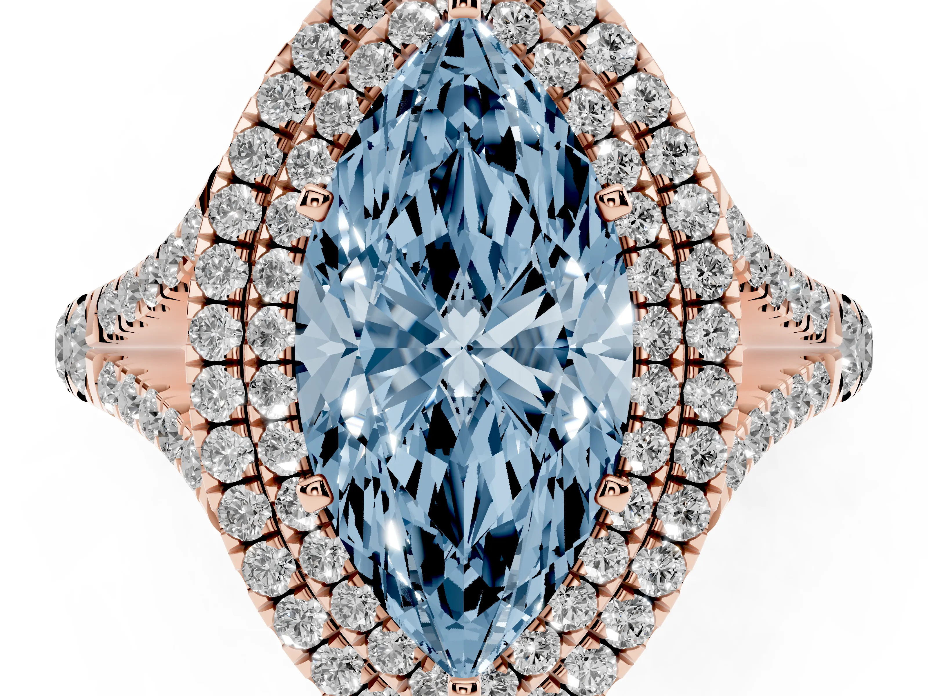 Fancy Blue Marquise Cut Diamond Pavé Split Shank Double Halo Engagement Ring Set in Rose gold