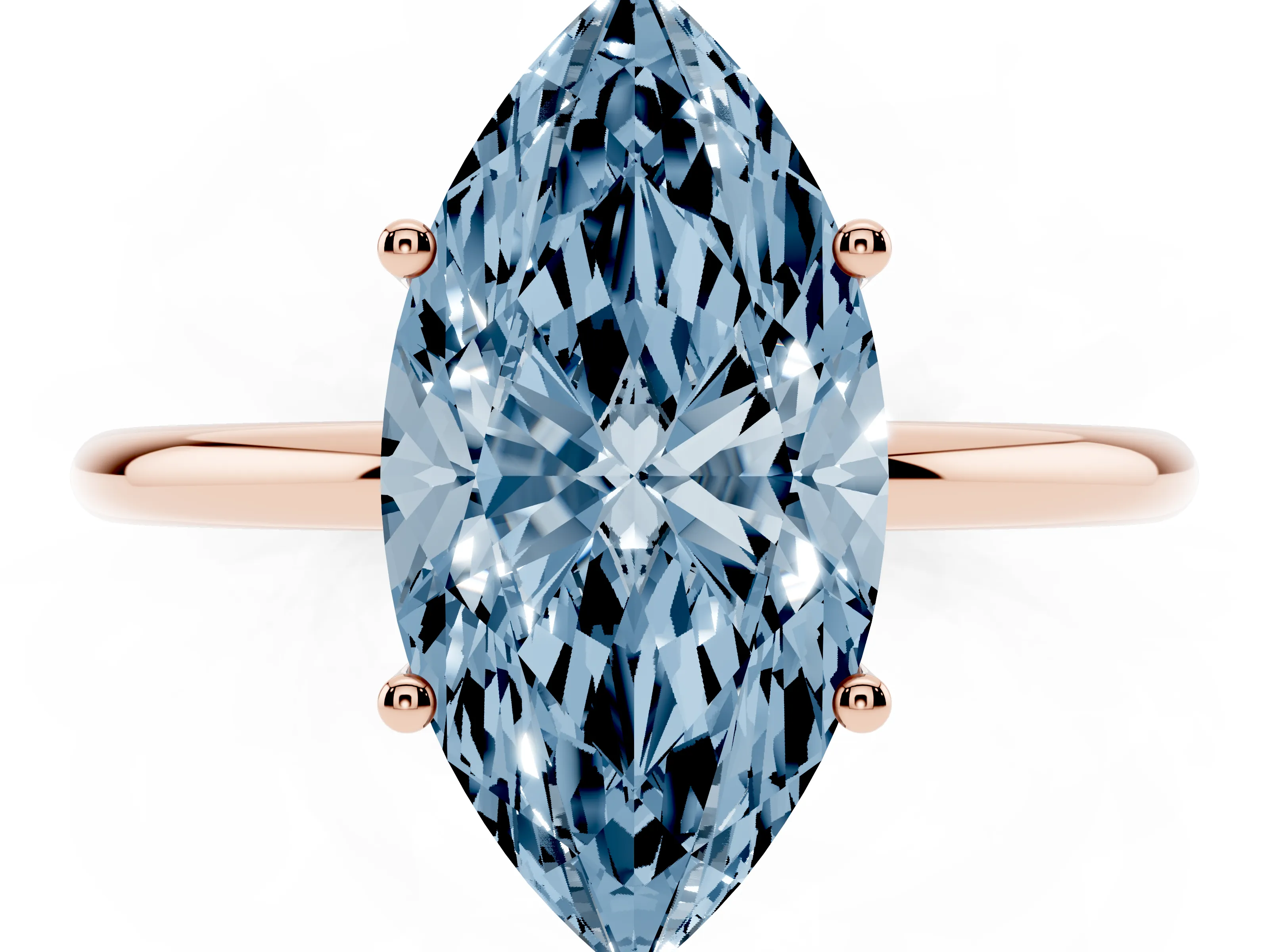 Fancy Blue Marquise Cut Diamond Solitaire Engagement Ring Set in Rose gold with Thin Band and Prong Setting
