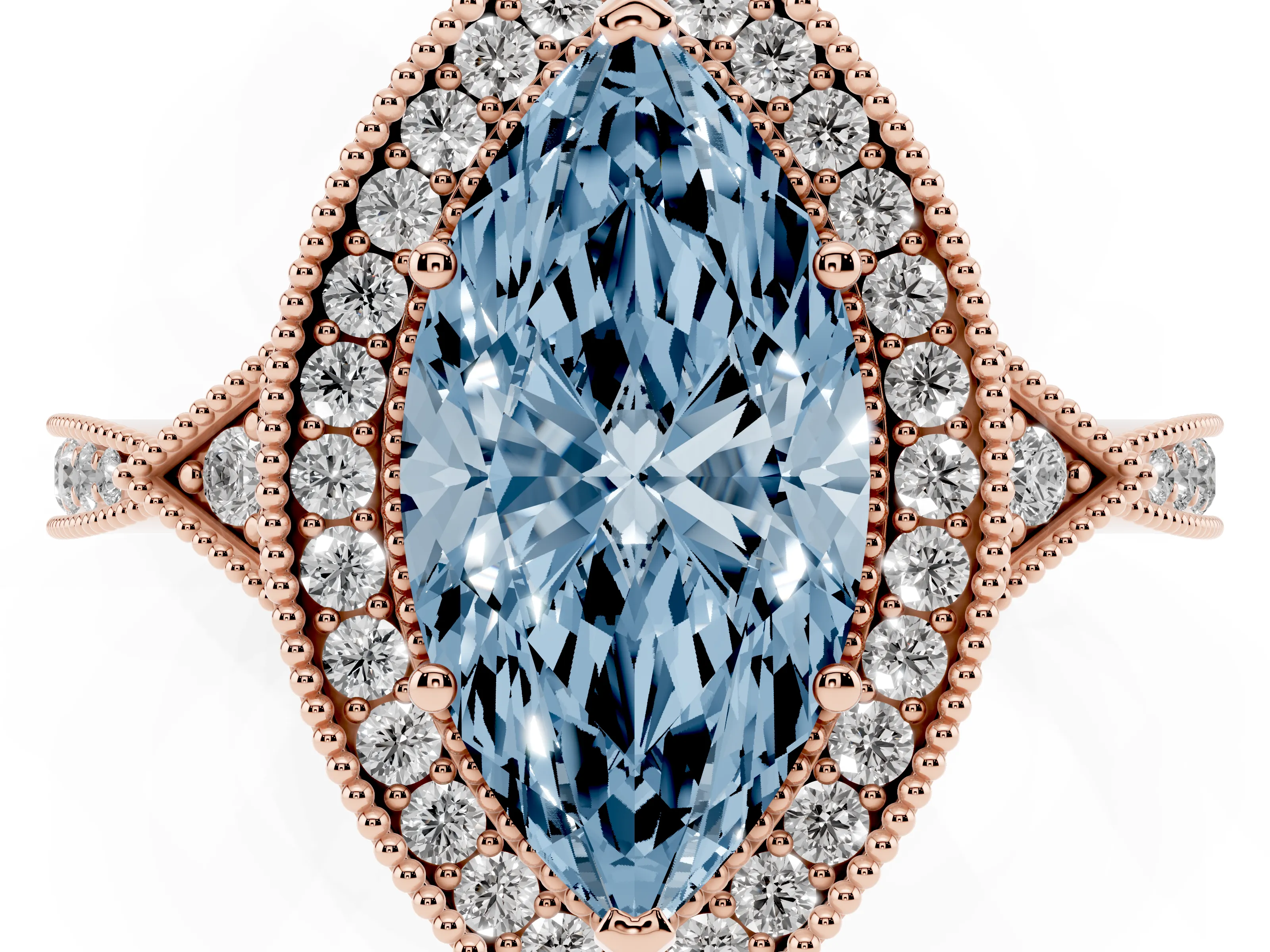 Fancy Blue Marquise Cut Diamond Halo Engagement Ring Set in Rose gold with Milgrain Pavé Band