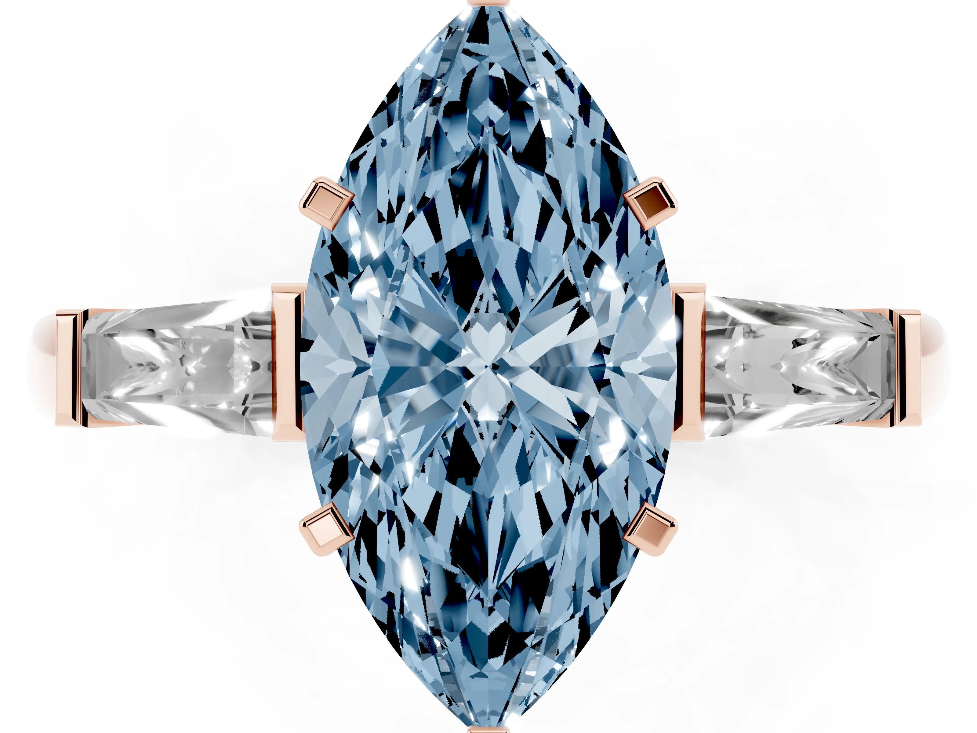 Fancy Blue Marquise Cut Diamond Solitaire Ring Set in Rose gold with Tapered Baguette Side Stones and Prong Setting