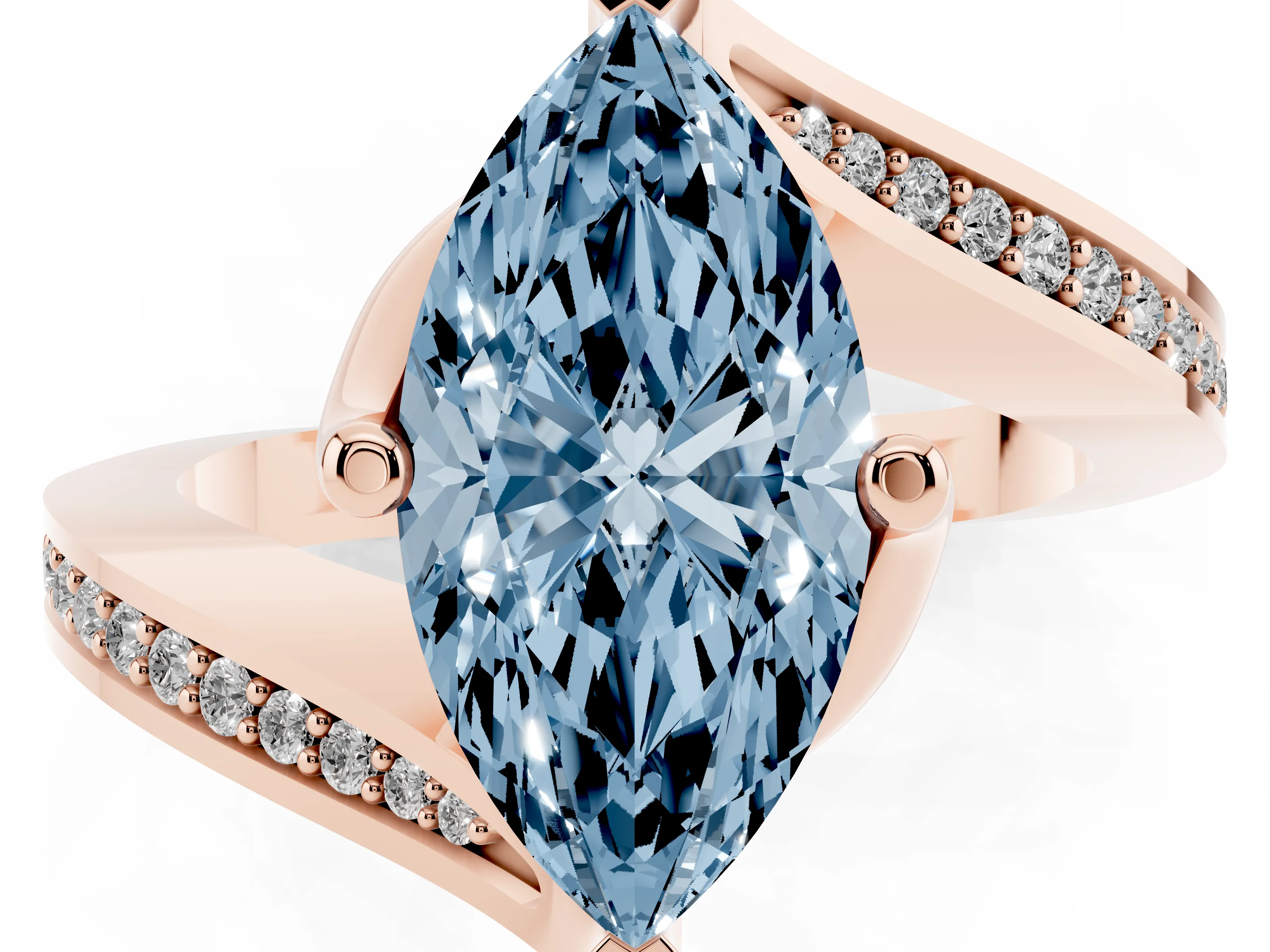 Fancy Blue Marquise Cut Diamond Solitaire Ring Set in Rose gold with Intertwined Pavé Twist Band