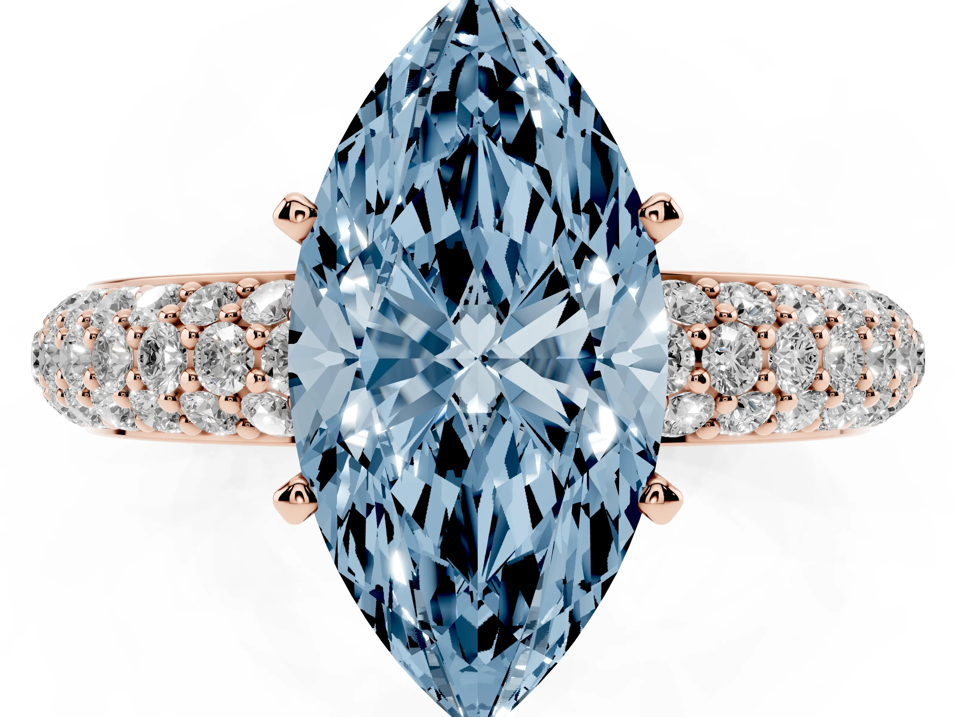 Fancy Blue Marquise Cut Diamond Solitaire Ring Set in Rose gold with Prong Setting and Pavé-Set Band