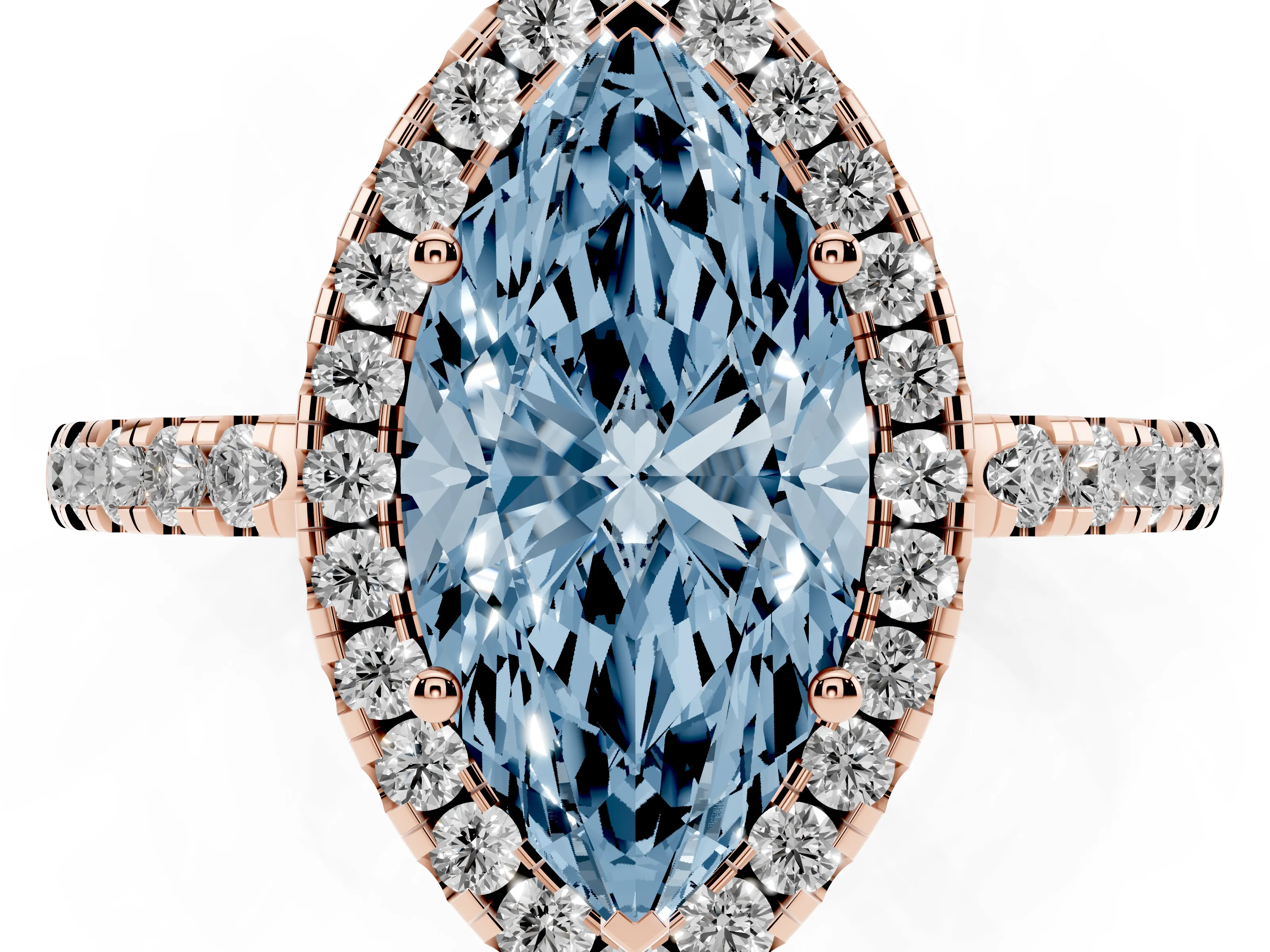 Fancy Blue Marquise Cut Diamond Pavé Band Halo Engagement Ring Set in Rose gold with Prong Setting