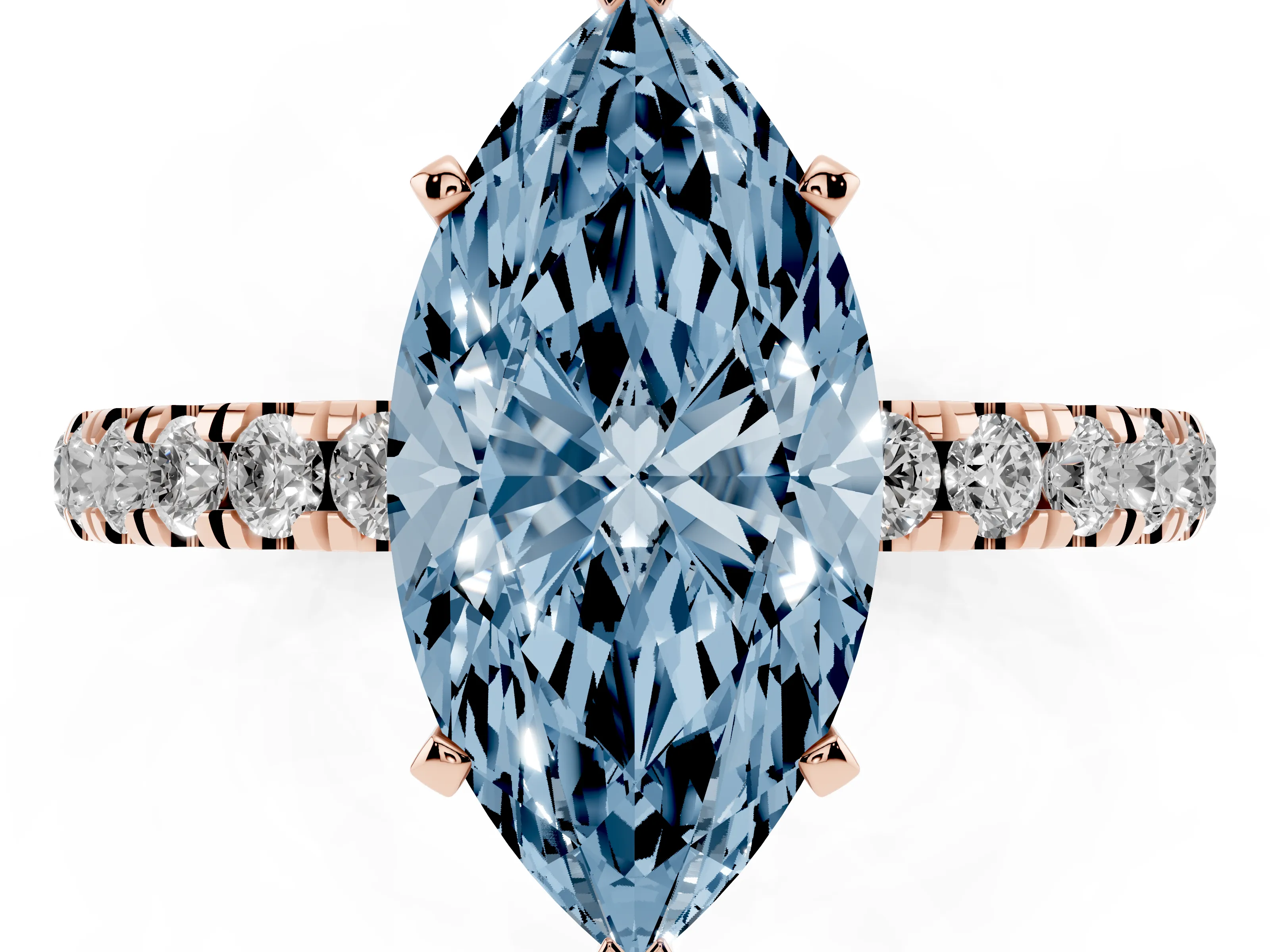 Fancy Blue Marquise Cut Diamond Solitaire Ring Set in Rose gold with Pavé Accents and Prong Setting