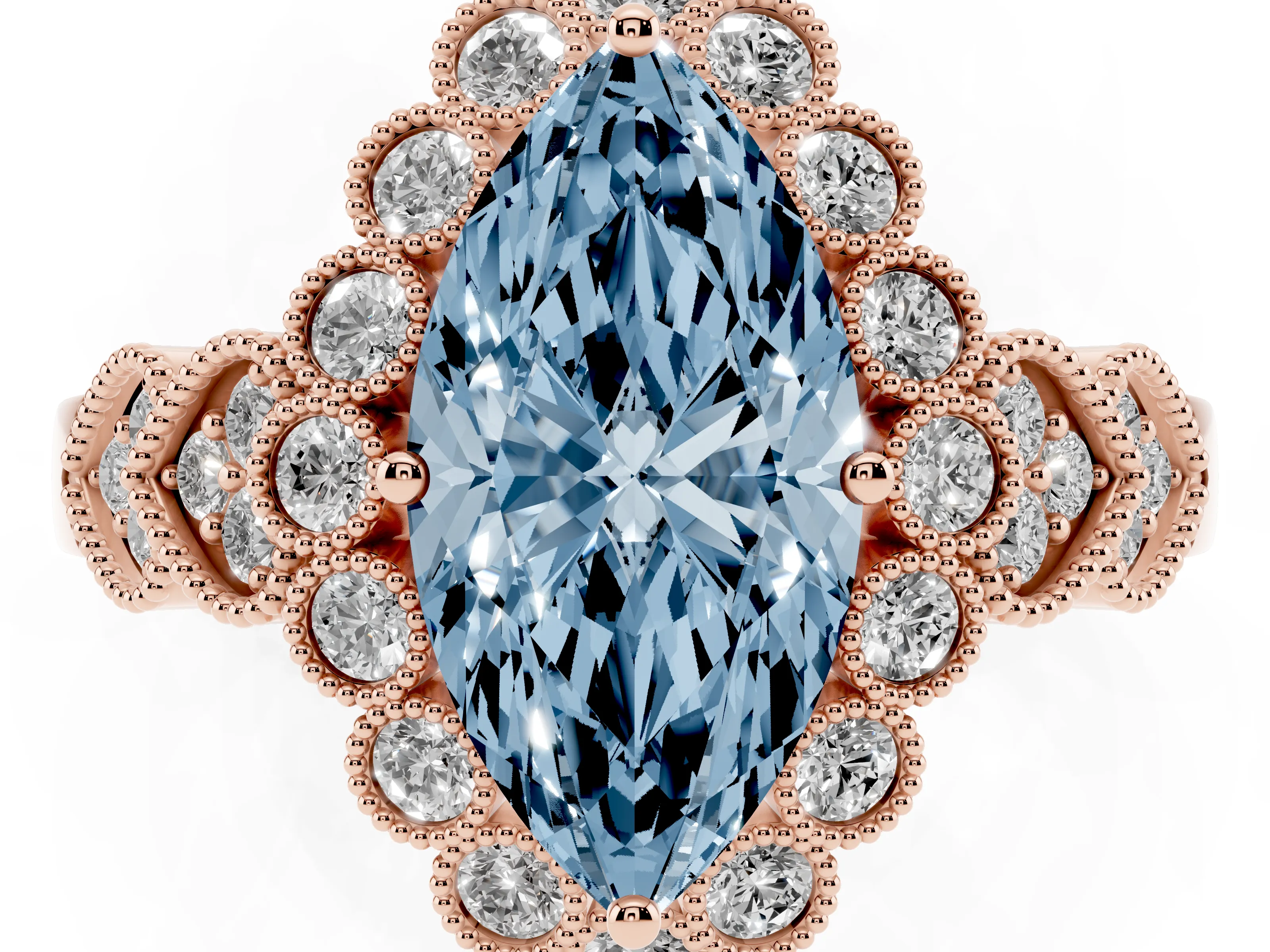 Fancy Blue Marquise Cut Diamond Solitaire Ring Set in Rose gold with Milgrain Pavé Heart Band