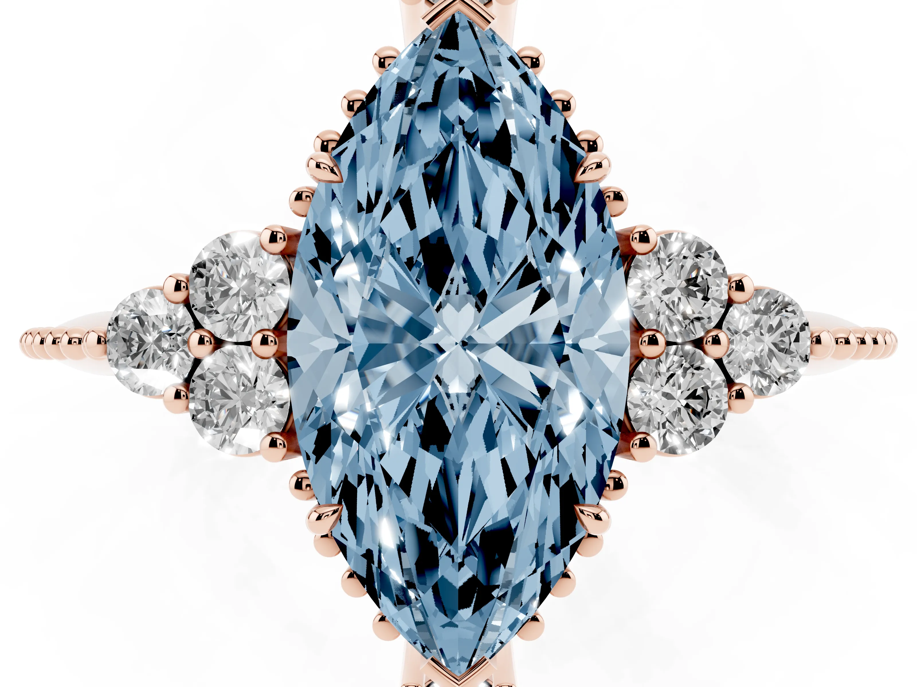 Fancy Blue Marquise Cut Diamond Cluster Ring Set in Rose gold with Beaded Band