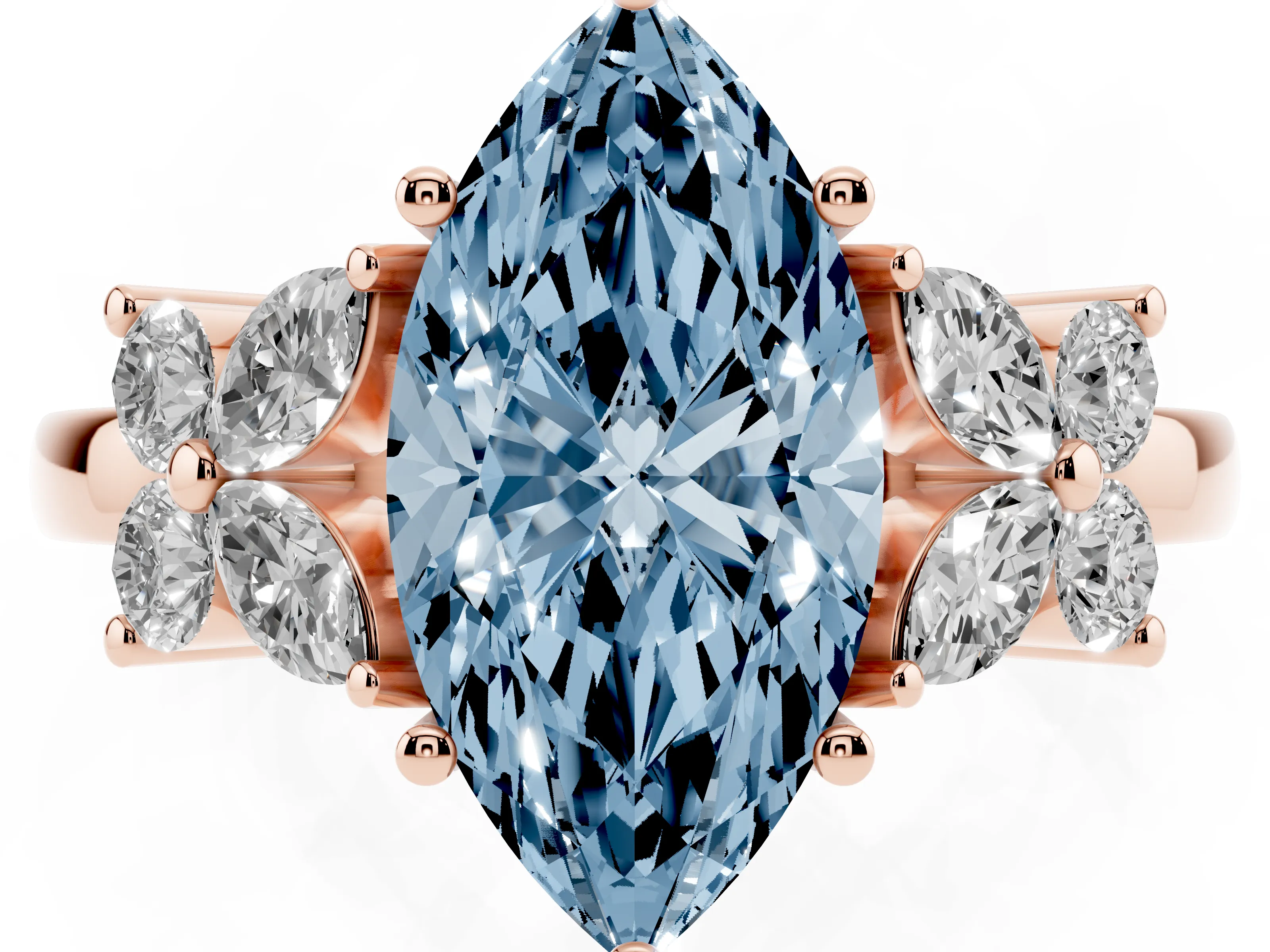 Fancy Blue Marquise Cut Diamond Floral Cluster Ring Set in Rose gold with Marquise Petals and Prong Setting