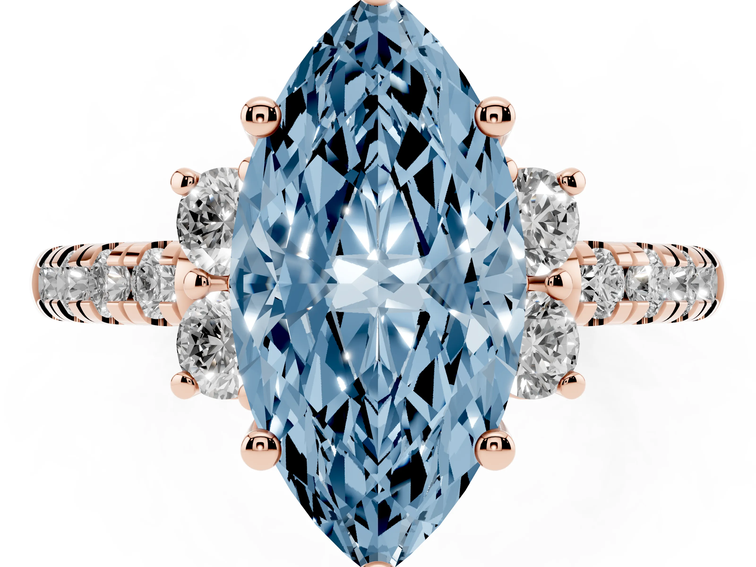 Fancy Blue Marquise Cut Diamond Three-Stone Pavé Ring Set in Rose gold with Prong Setting