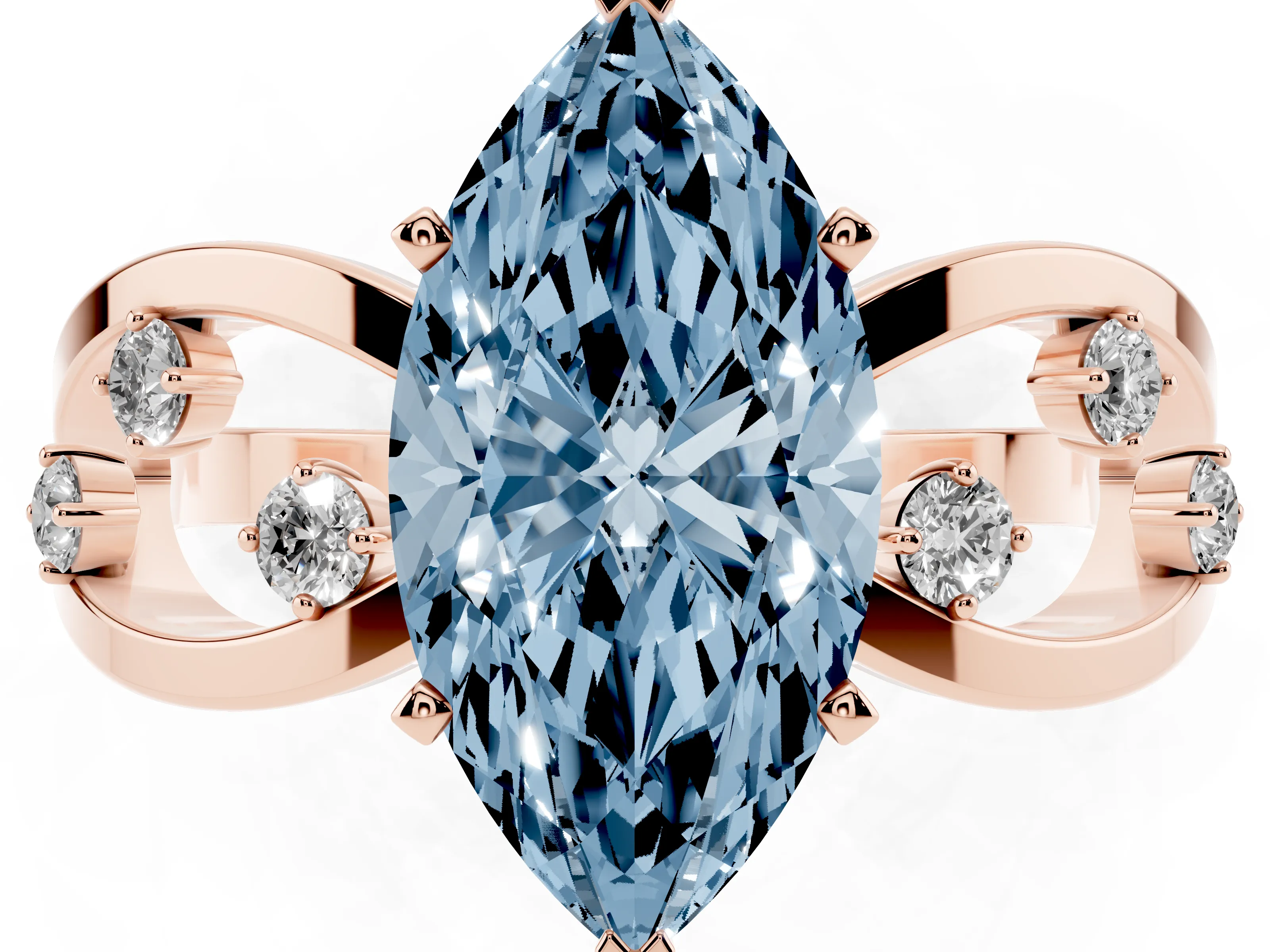 Fancy Blue Marquise Cut Diamond Solitaire Ring Set in Rose gold with Side Stones on Criss-Cross Band and Prong Setting