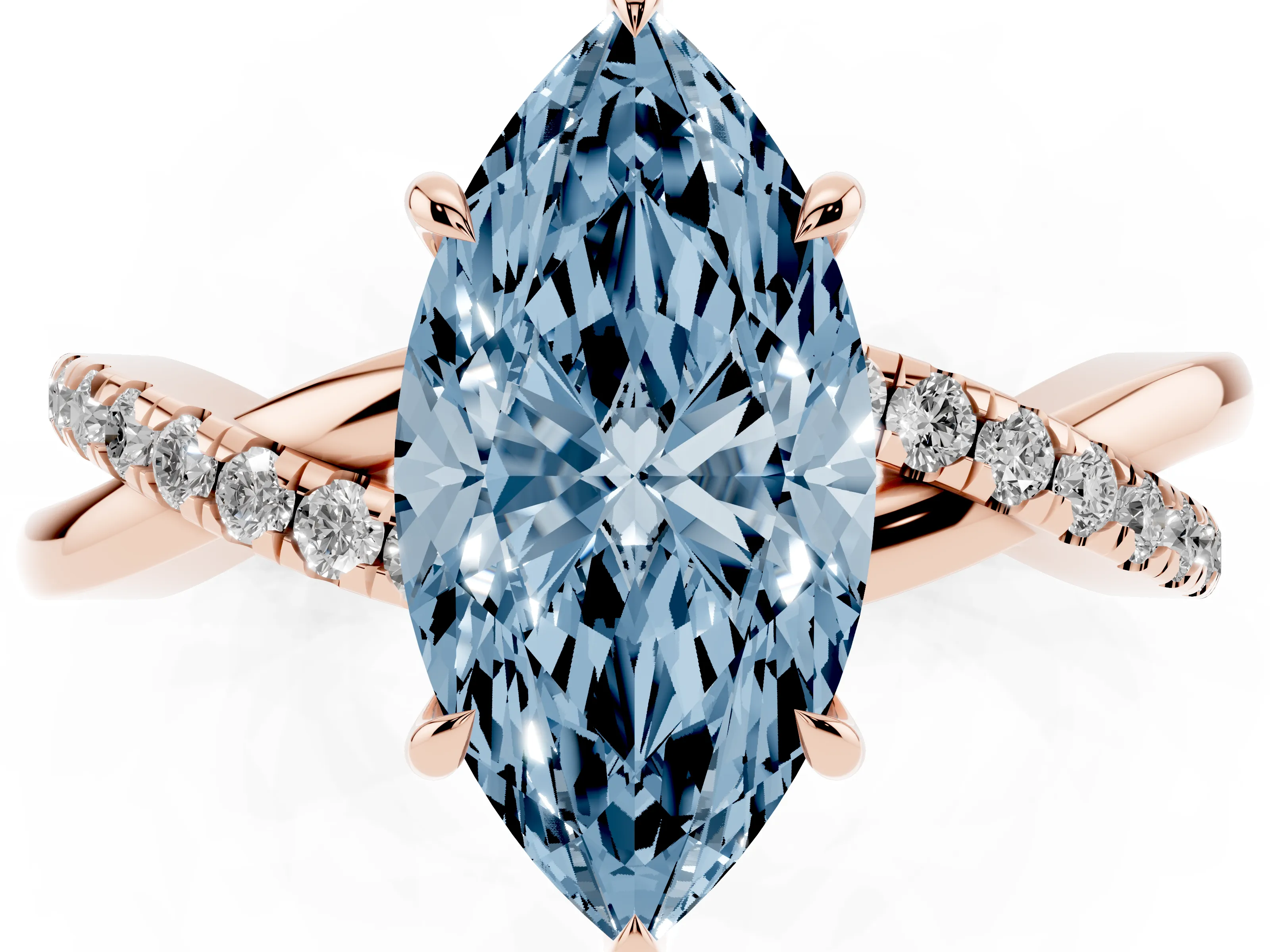 Fancy Blue Marquise Cut Diamond Twisted Pavé Band Ring Set in Rose gold with Prong Setting