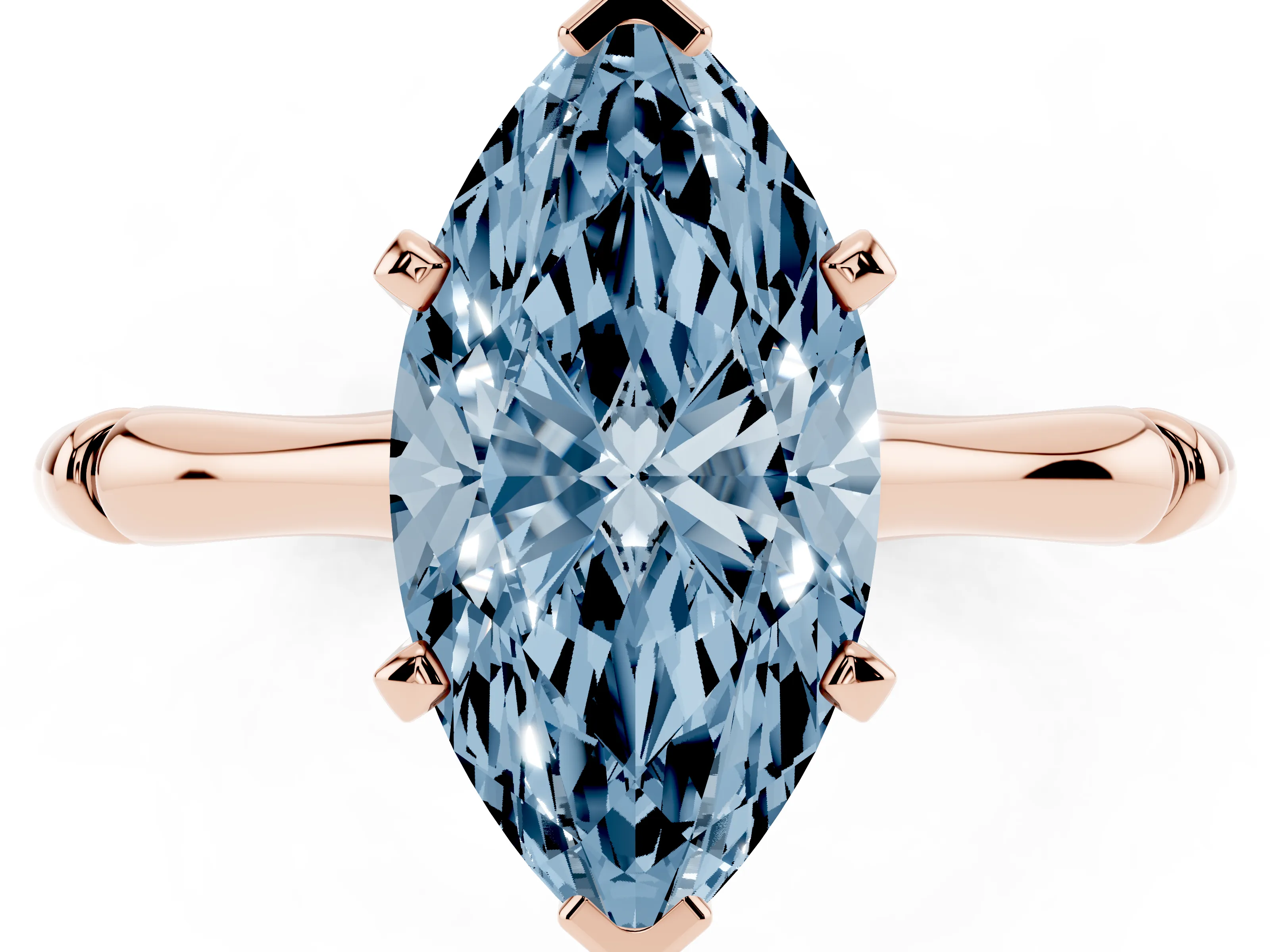 Fancy Blue Marquise Cut Diamond Solitaire Ring Set in Rose gold with Bamboo Band and Prong Setting