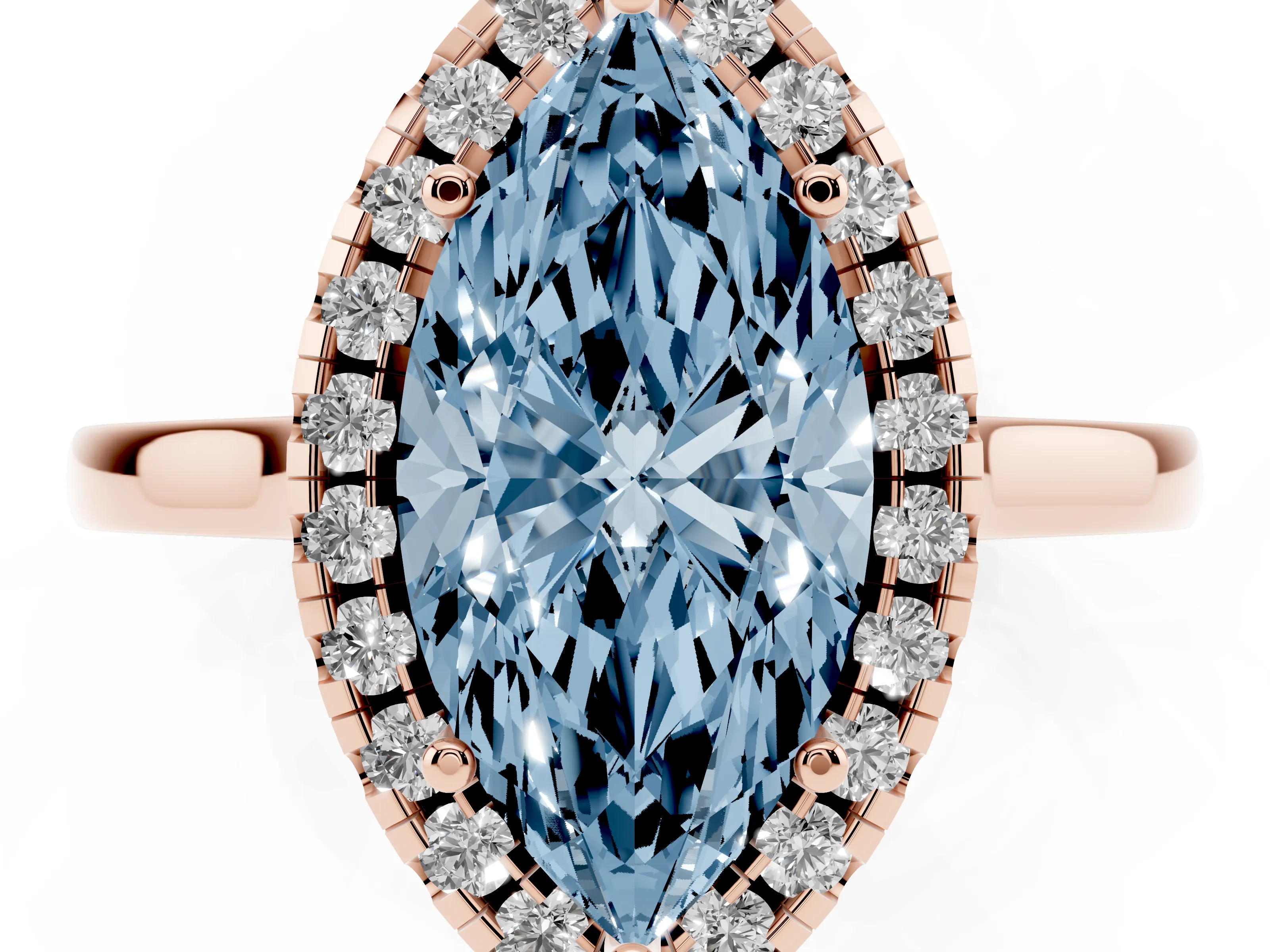 Fancy Blue Marquise Cut Halo Round Diamond Solitaire Ring Set in Rose gold with Pavé Band and Prong Setting