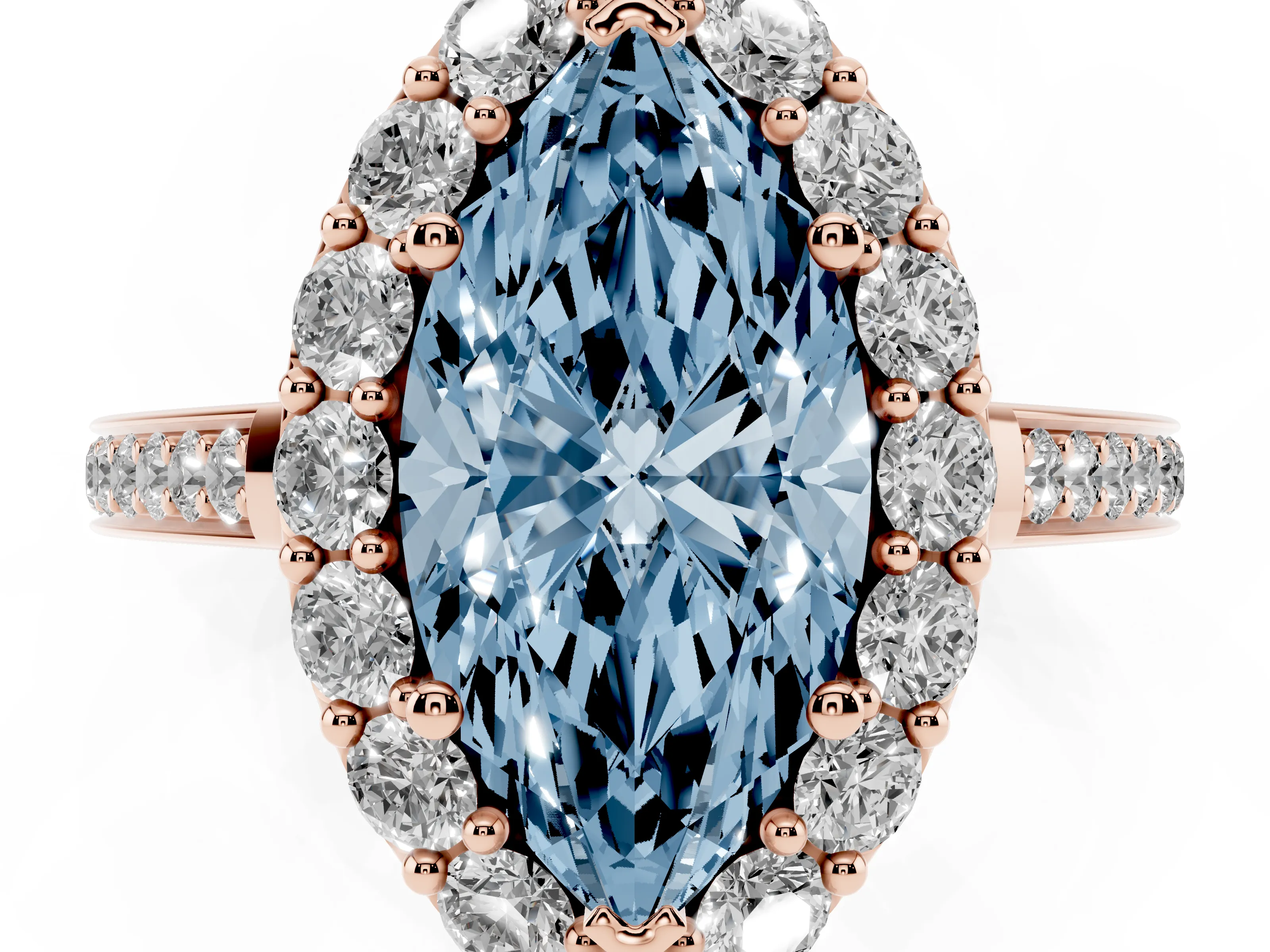 Fancy Blue Marquise Cut Diamond Floral Halo Ring Set in Rose gold with Pavé Band and Prong Setting