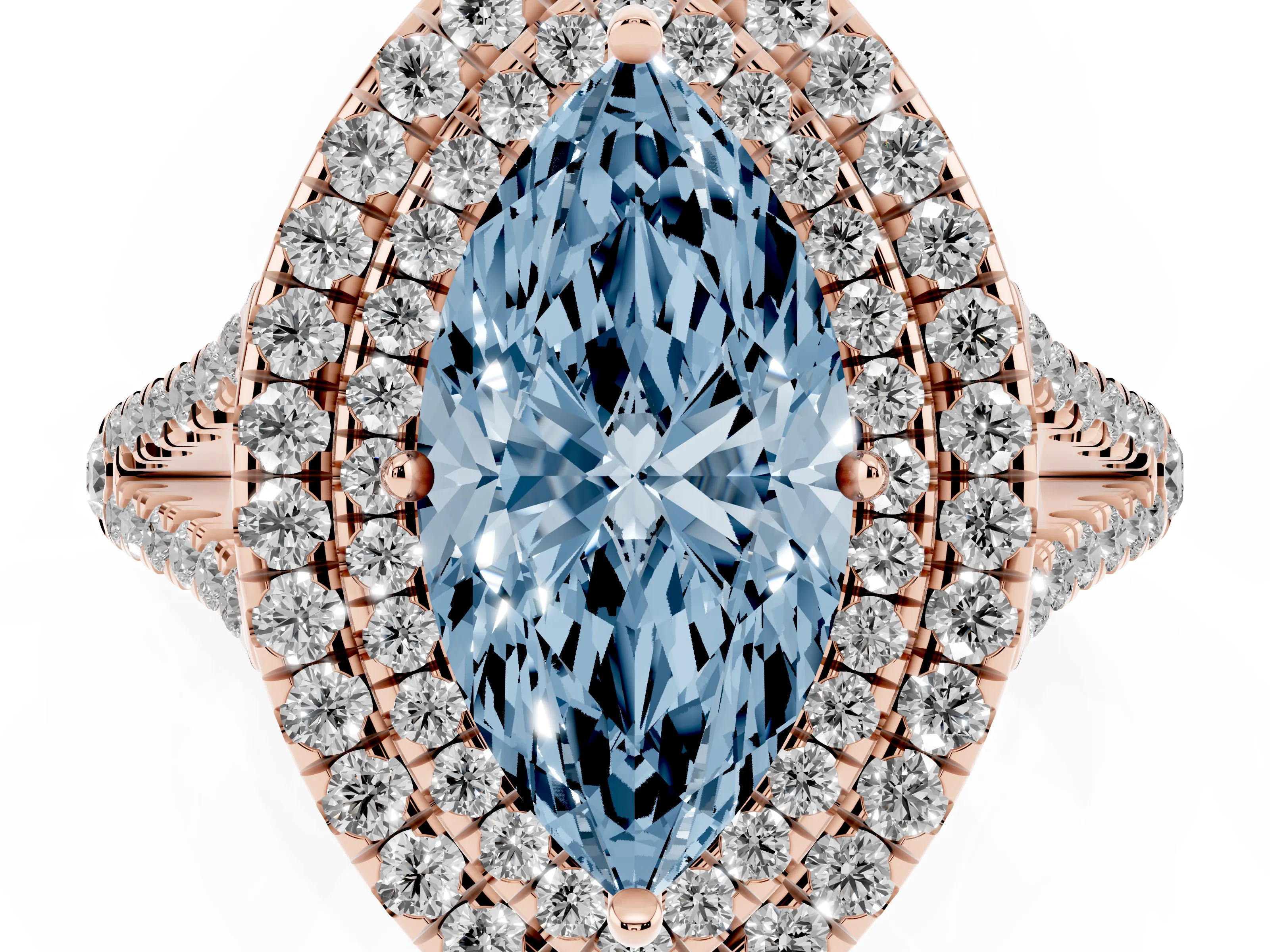 Fancy Blue Marquise Cut Diamond Double Halo Ring Set in Rose gold with Pavé Band