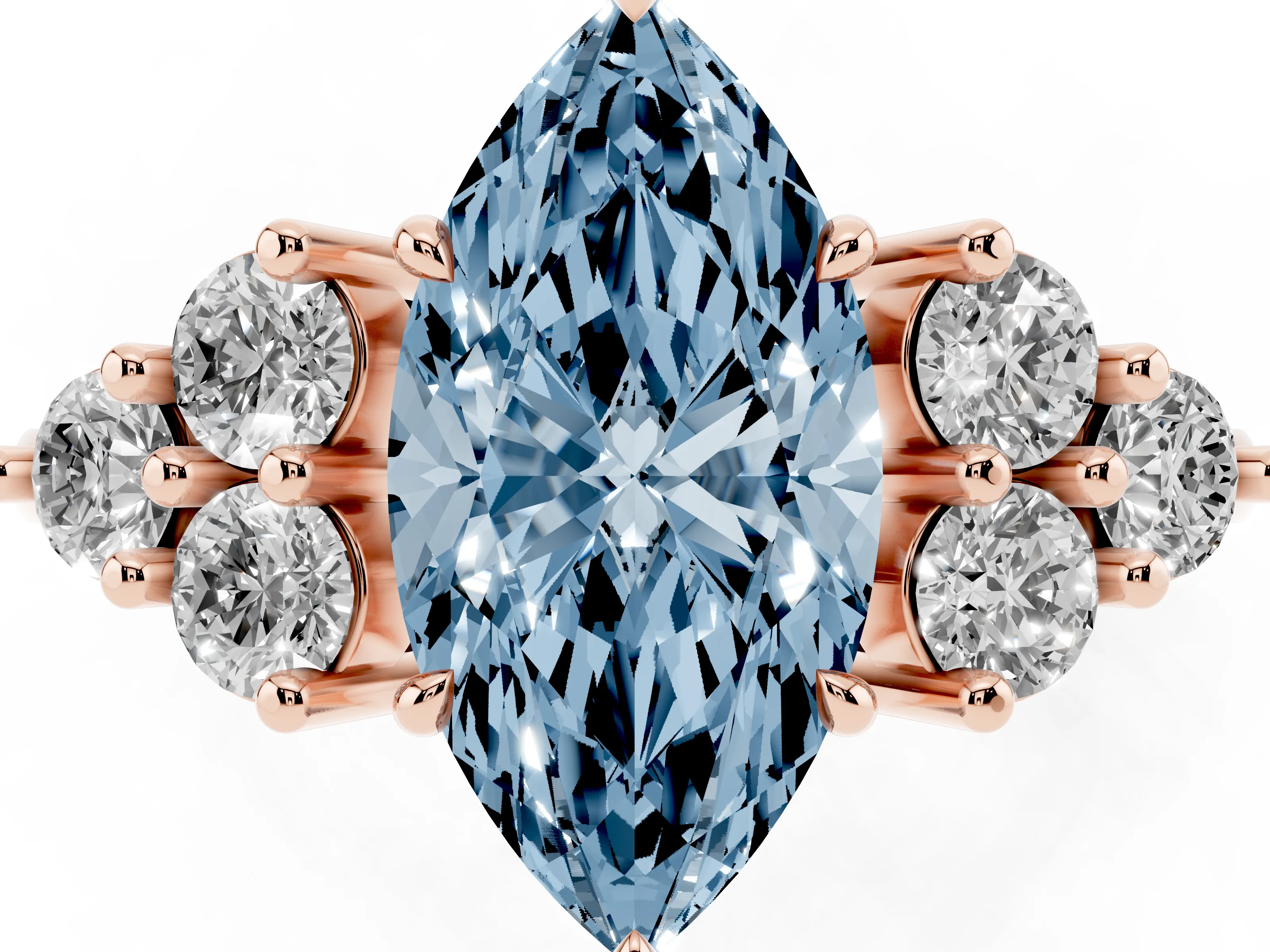 Fancy Blue Marquise Cut Diamond Solitaire Ring Set in Rose gold with Cluster Accents on Each Side