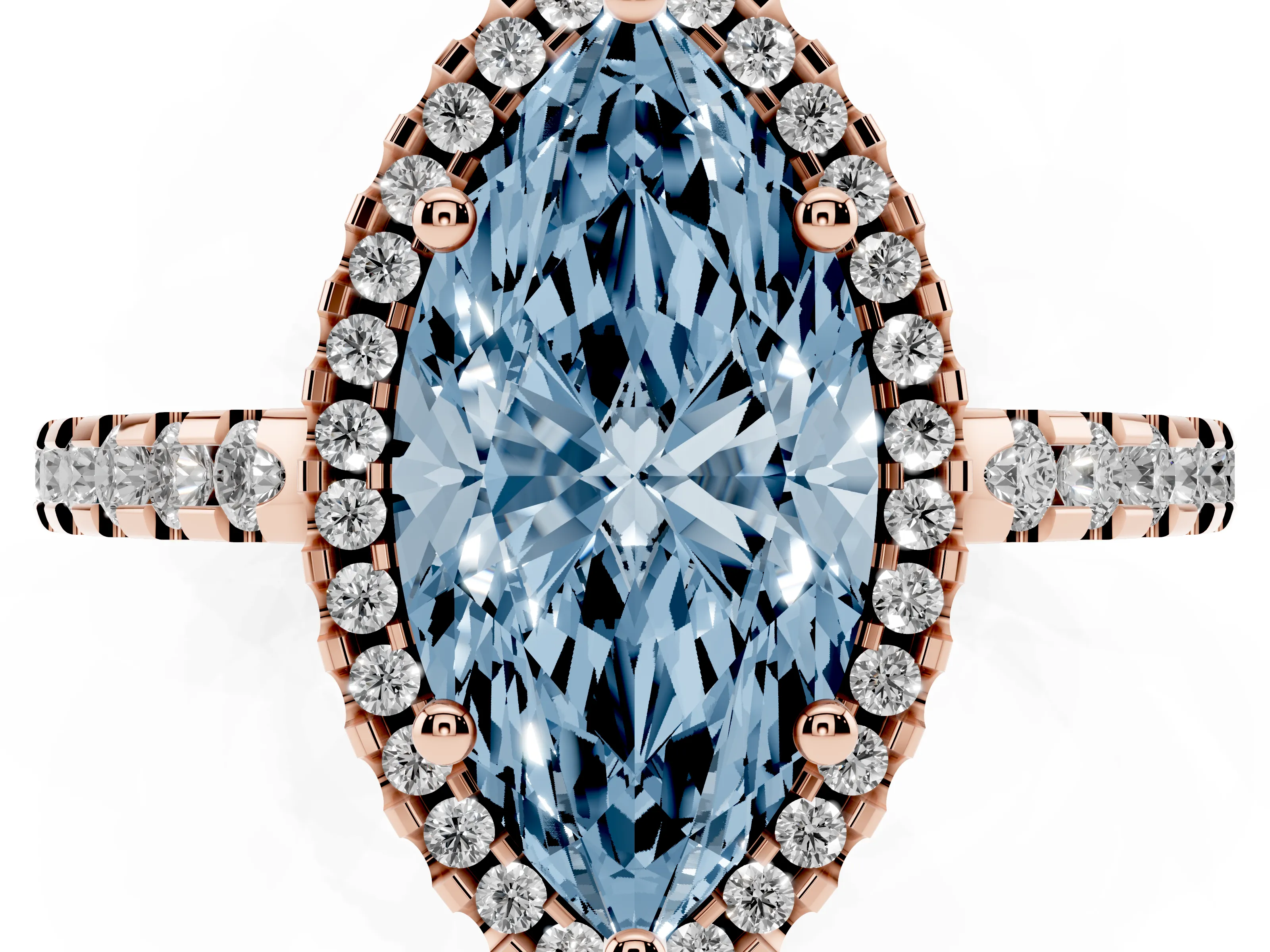 Fancy Blue Marquise Cut Diamond Halo Ring Set in Rose gold with Pavé Shoulders and Halo-Framed Center