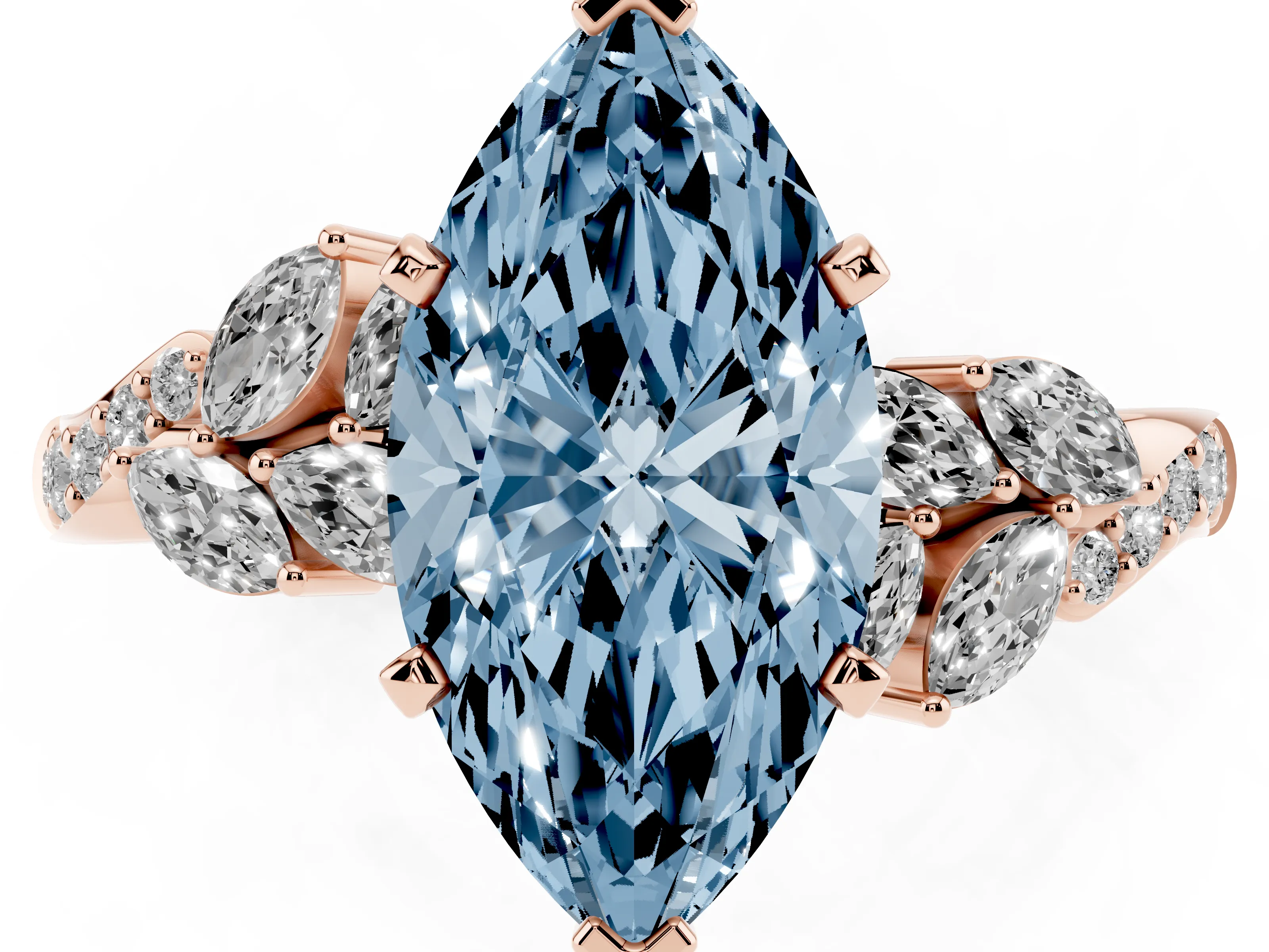 Fancy Blue Marquise Cut Diamond Solitaire Ring Set in Rose gold with Marquise Twist Band and Prong Setting