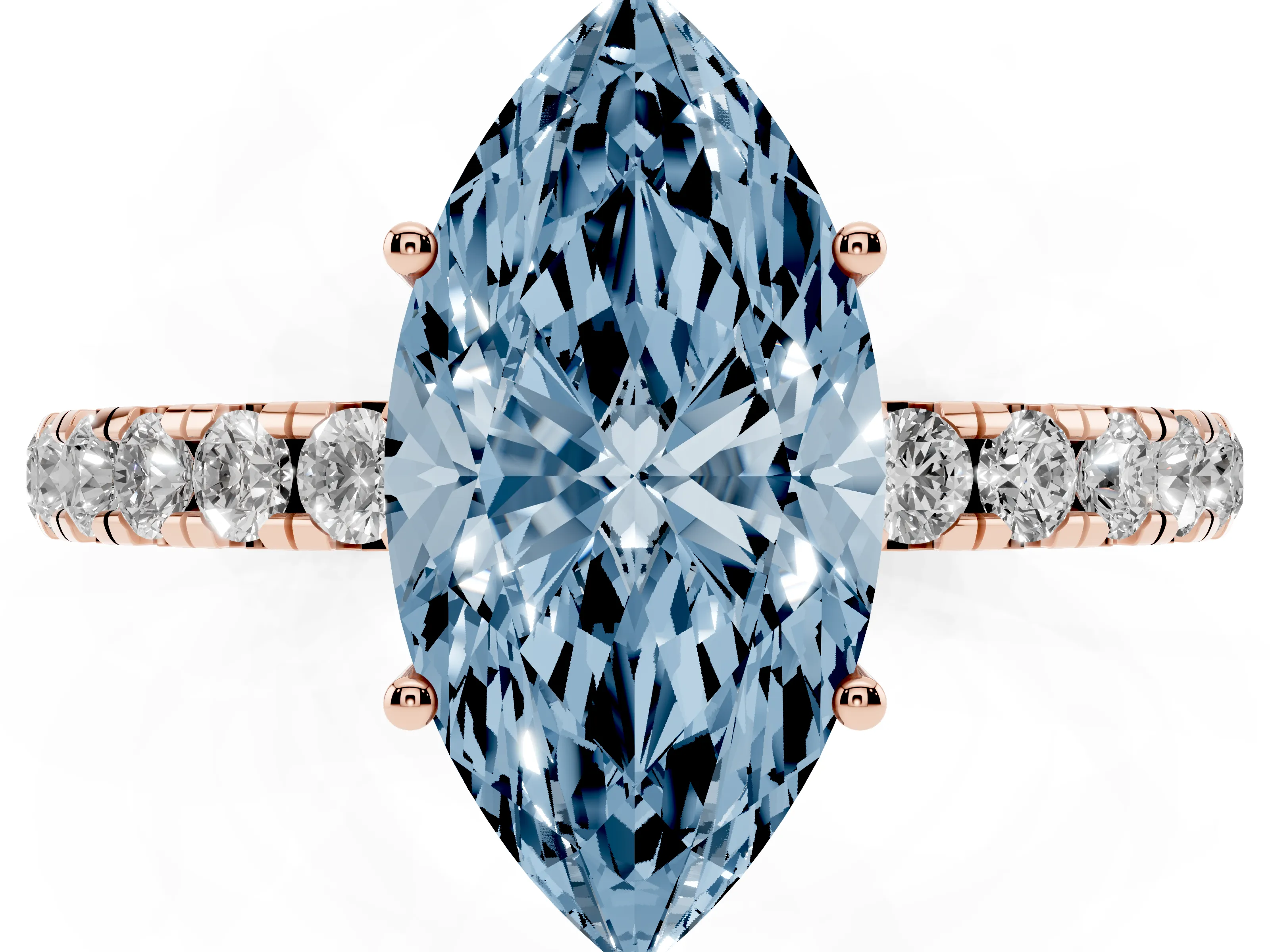 Fancy Blue Marquise Cut Diamond Pavé Solitaire Engagement Ring Set in Rose gold with Prong Setting