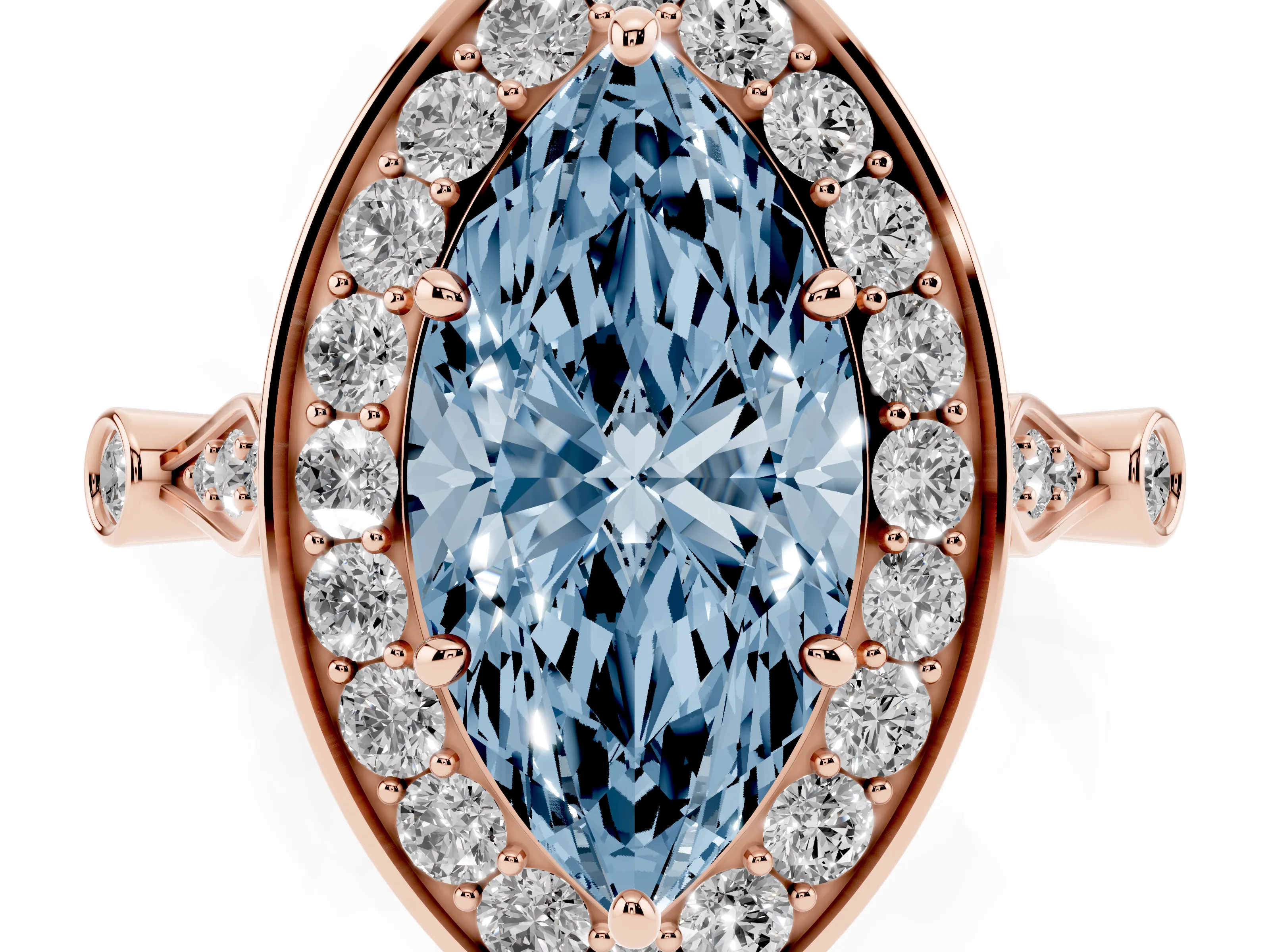 Fancy Blue Marquise Cut Diamond Halo Engagement Ring Set in Rose gold with Twisted Band and Prong Setting