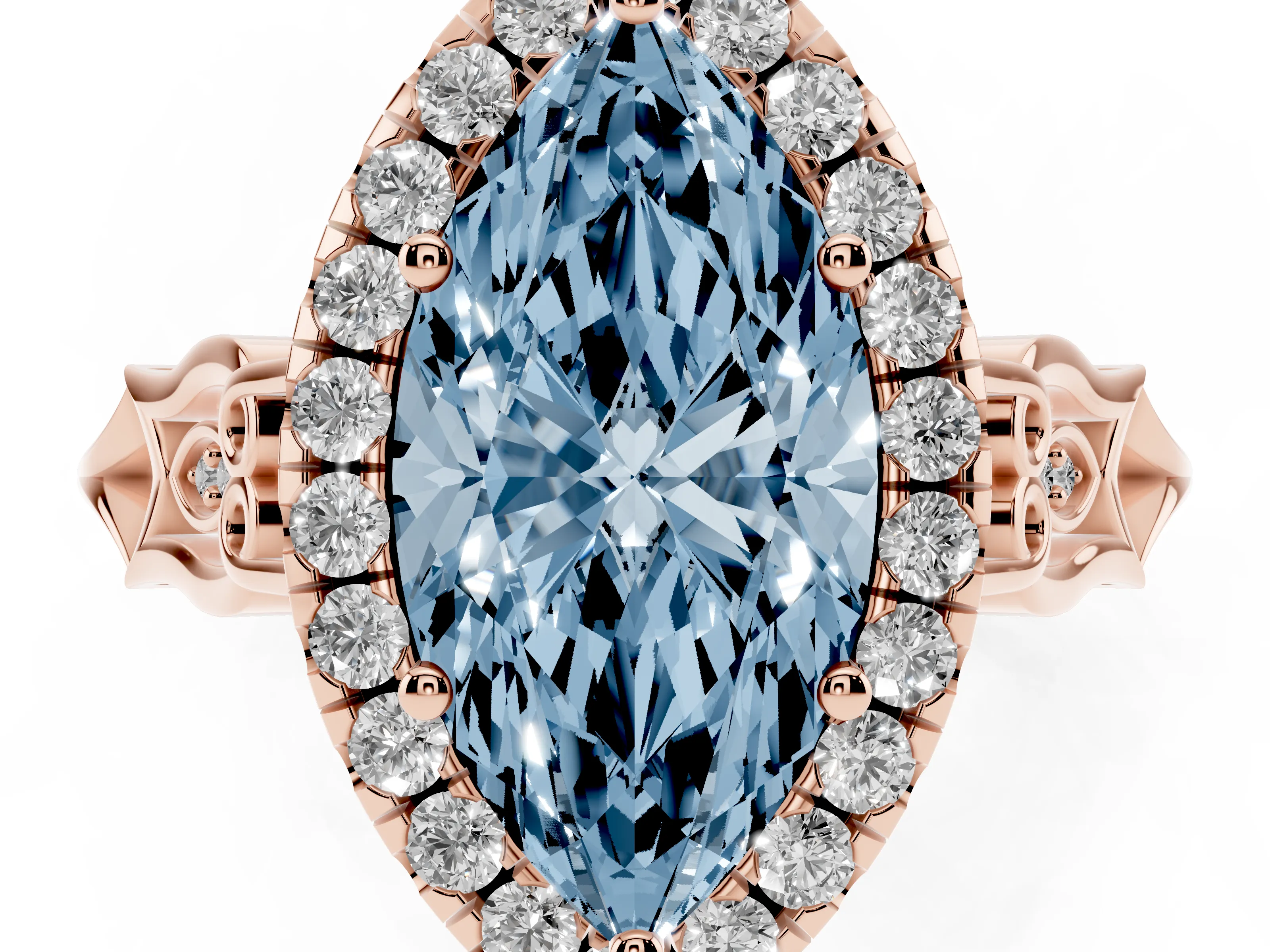 Fancy Blue Marquise Cut Diamond Halo Engagement Ring Set in Rose gold with Filigree Band and Prong-Set Center