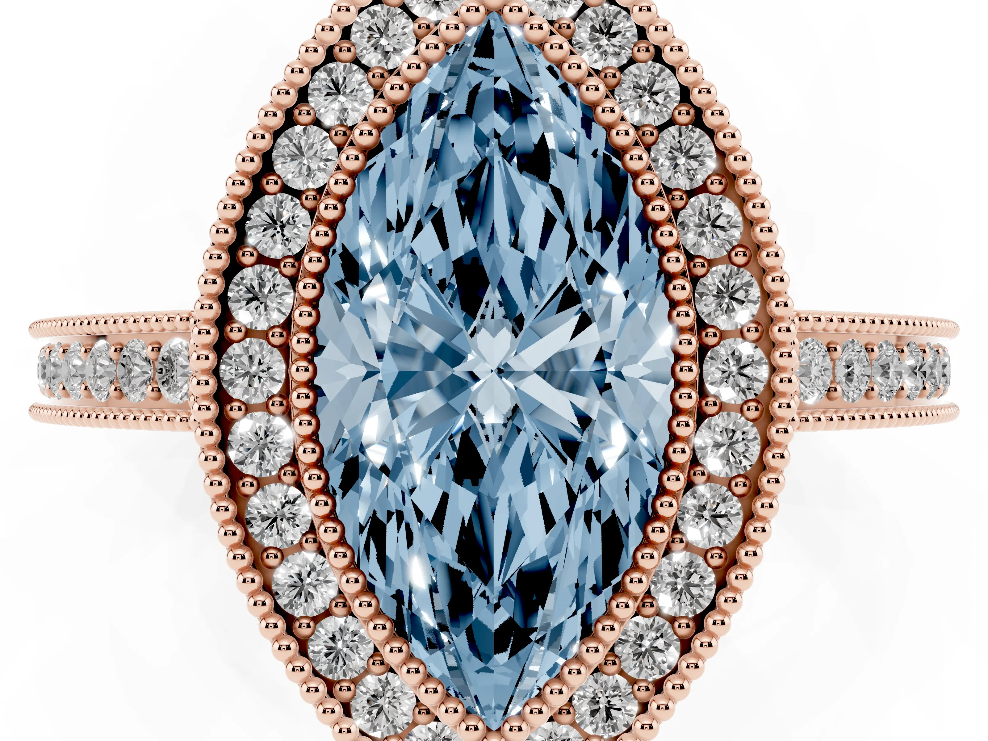 Fancy Blue Marquise Cut Diamond Halo Ring Set in Rose gold with Pavé Band and Milgrain-Edged Prongs