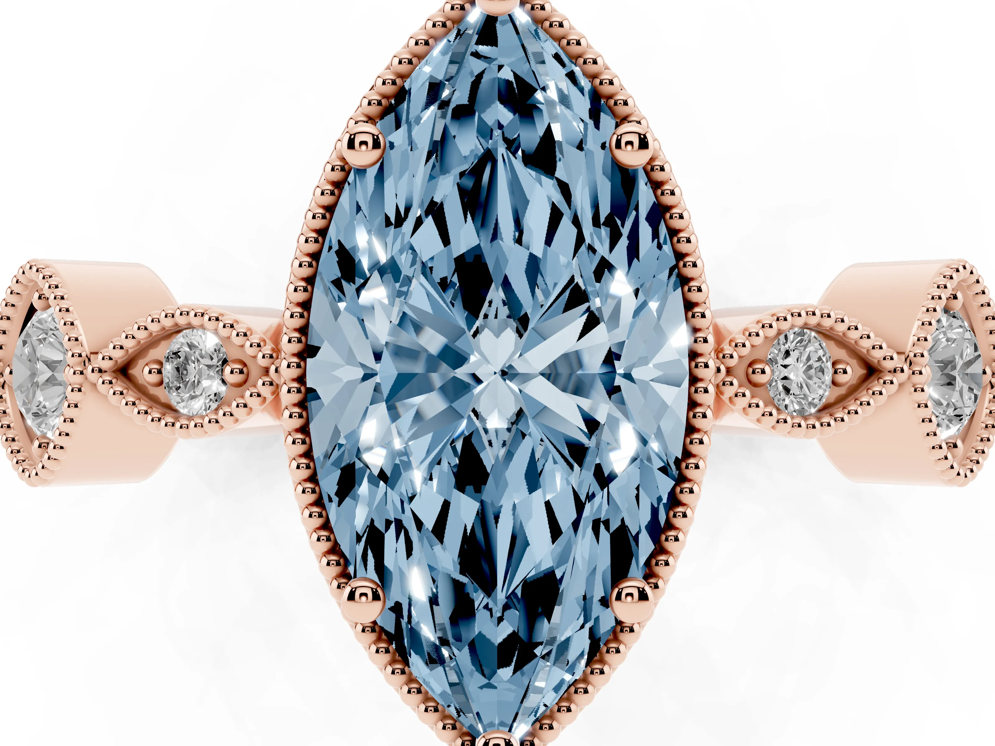 Fancy Blue Marquise Cut Diamond Vintage-Inspired Milgrain Ring Set in Rose gold with Marquise Stations of Round Accents