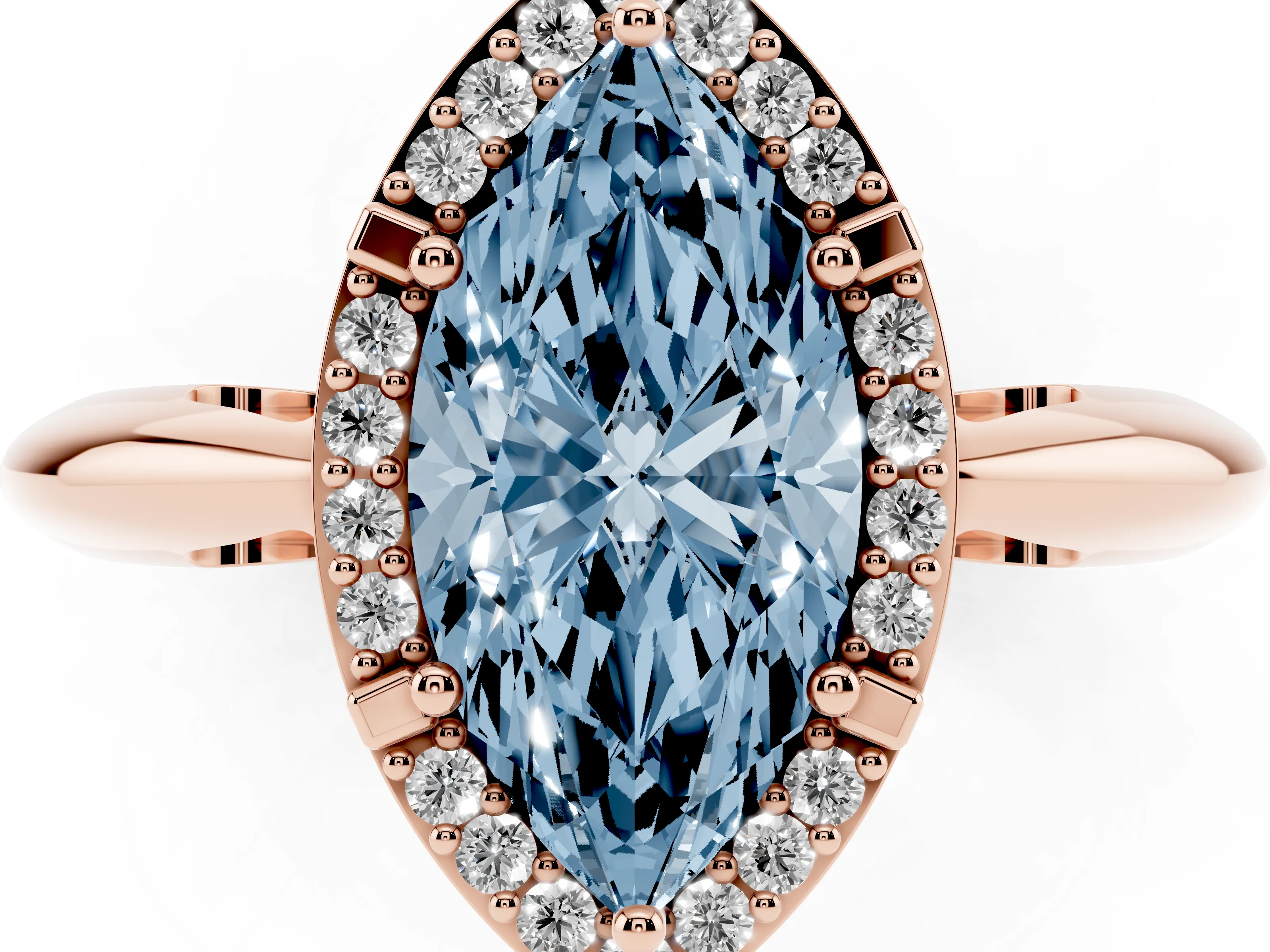 Fancy Blue Marquise Cut Diamond Halo Engagement Ring Set in Rose gold with Plain Split Shank and Prong Setting