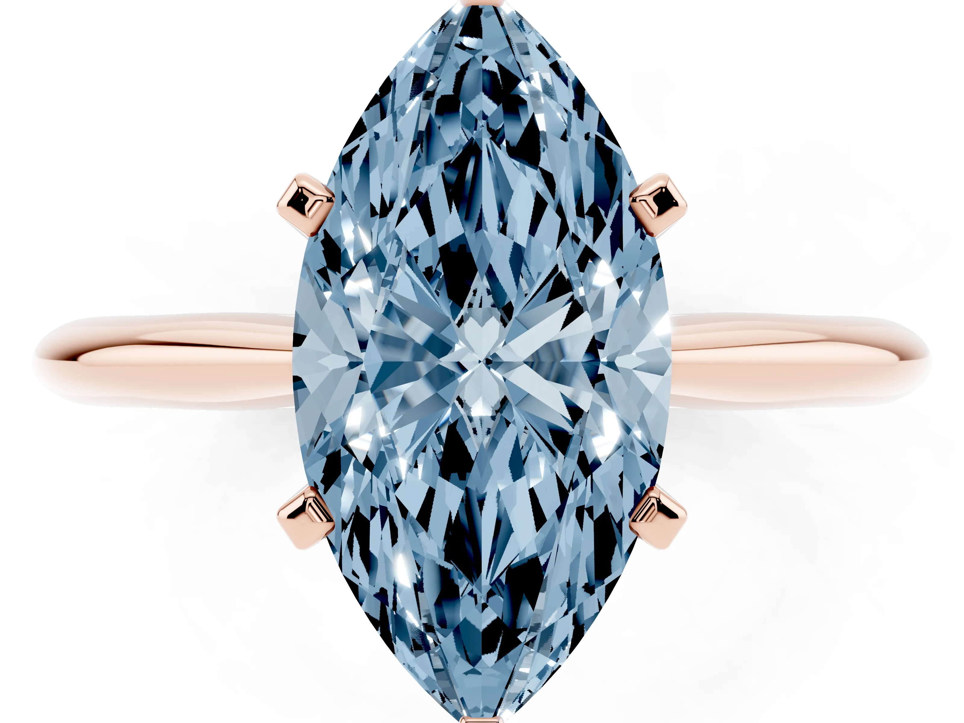 Fancy Blue Marquise Cut Diamond Solitaire Ring Set in Rose gold with Prong Setting on a Plain Round Band
