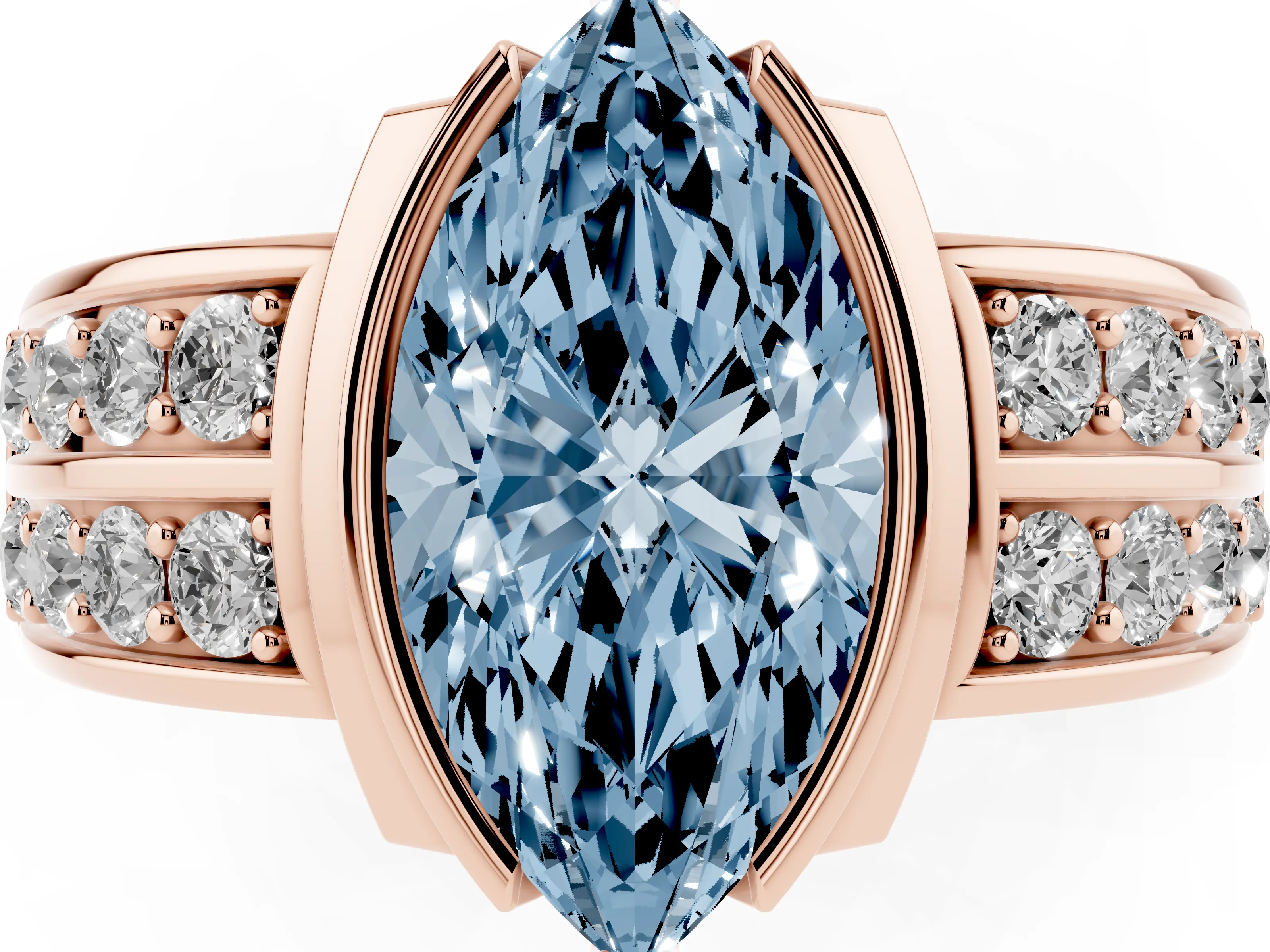 Fancy Blue Marquise Cut Diamond Wide Channel Set Band Ring Set in Rose gold with Bezel Setting