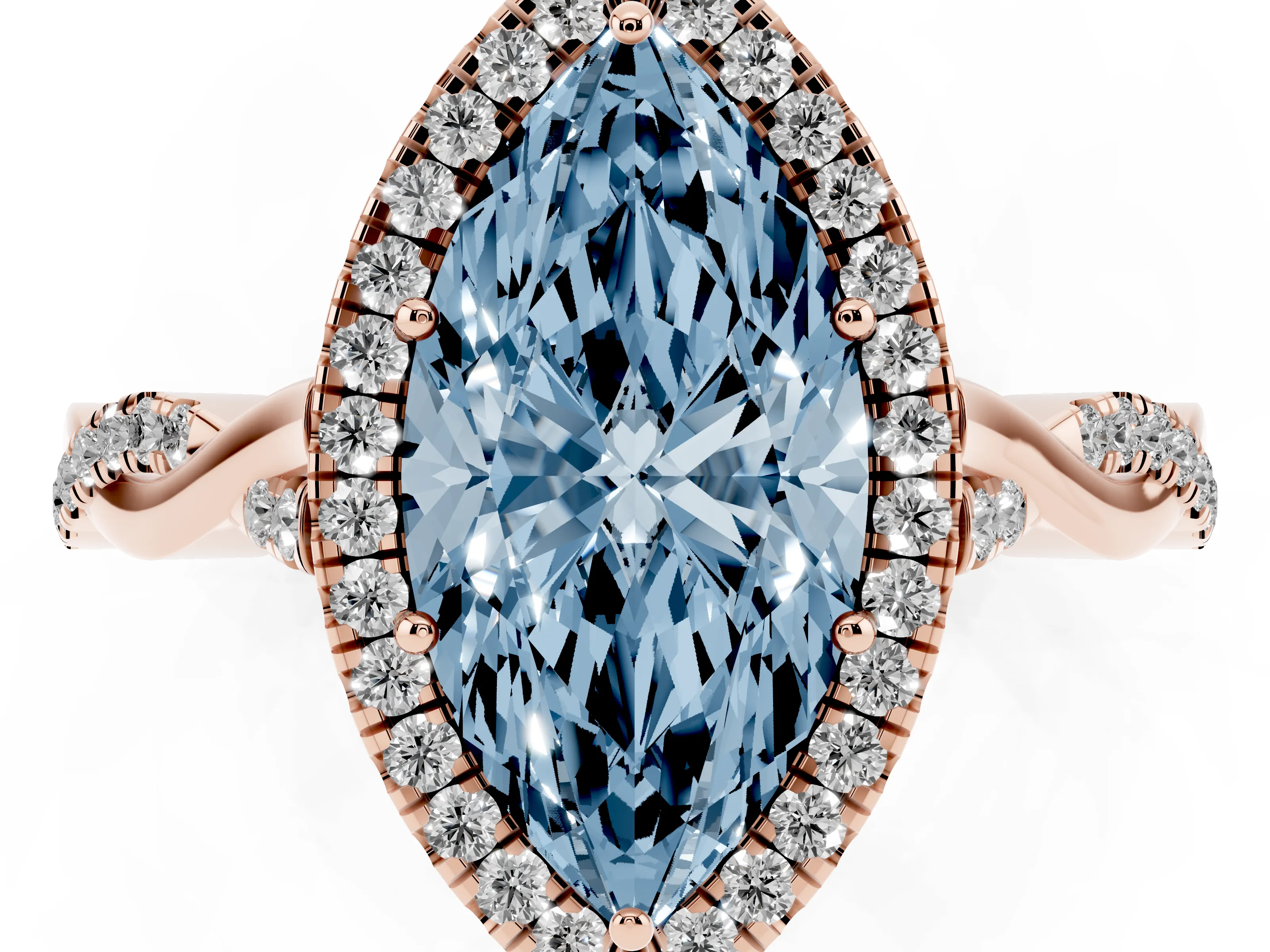 Fancy Blue Marquise Cut Diamond Halo Twist Band Solitaire Ring Set in Rose gold with Prong Setting