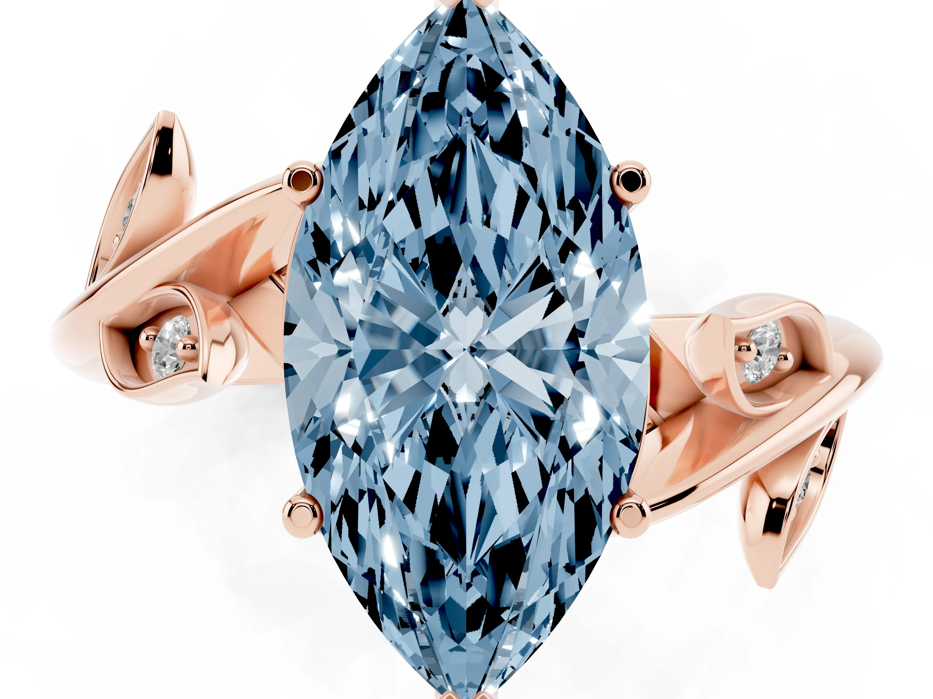 Fancy Blue Marquise Cut Diamond Solitaire Twist Engagement Ring Set in Rose gold with Pavé Leaf Accents