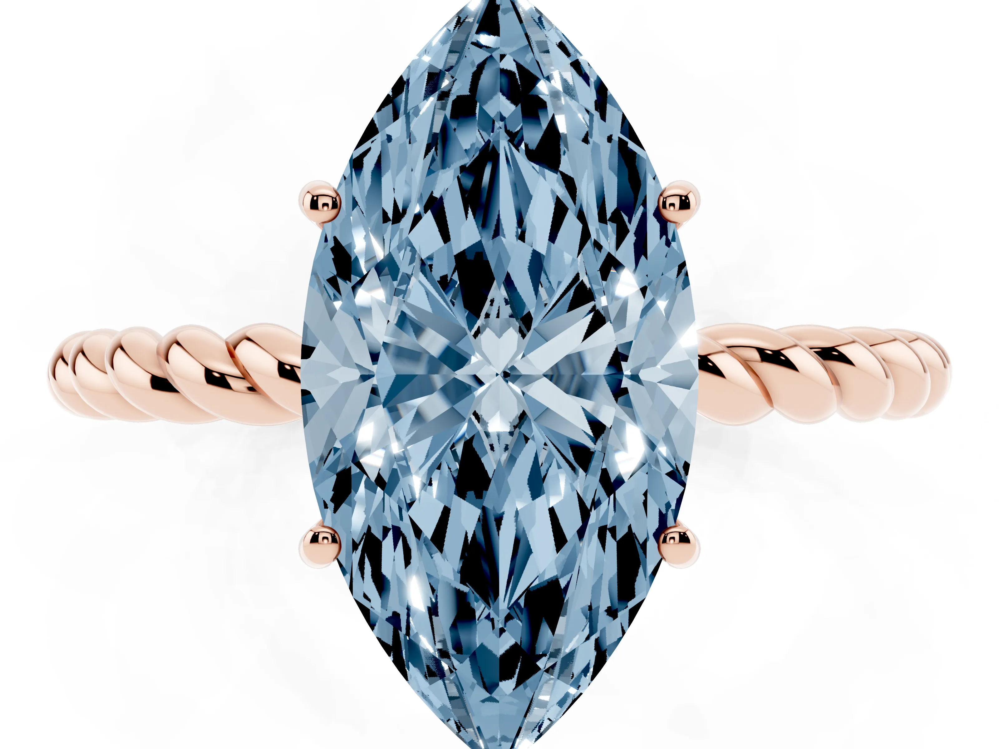 Fancy Blue Marquise Cut Diamond Solitaire Ring Set in Rose gold with Twist Band and Prong Setting