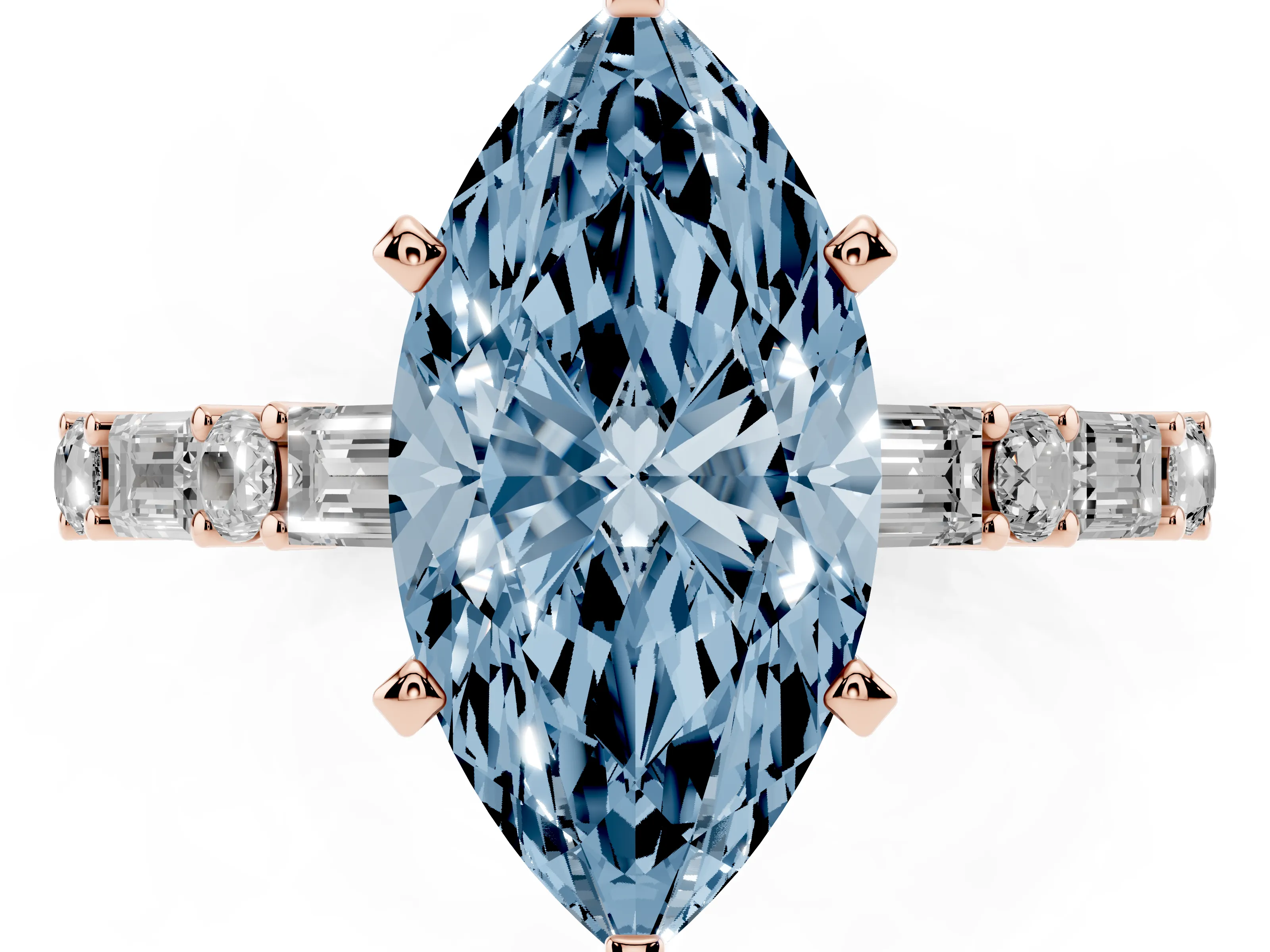 Fancy Blue Marquise Cut Diamond Solitaire Set in Rose gold with Side Baguettes and Channel Set Band