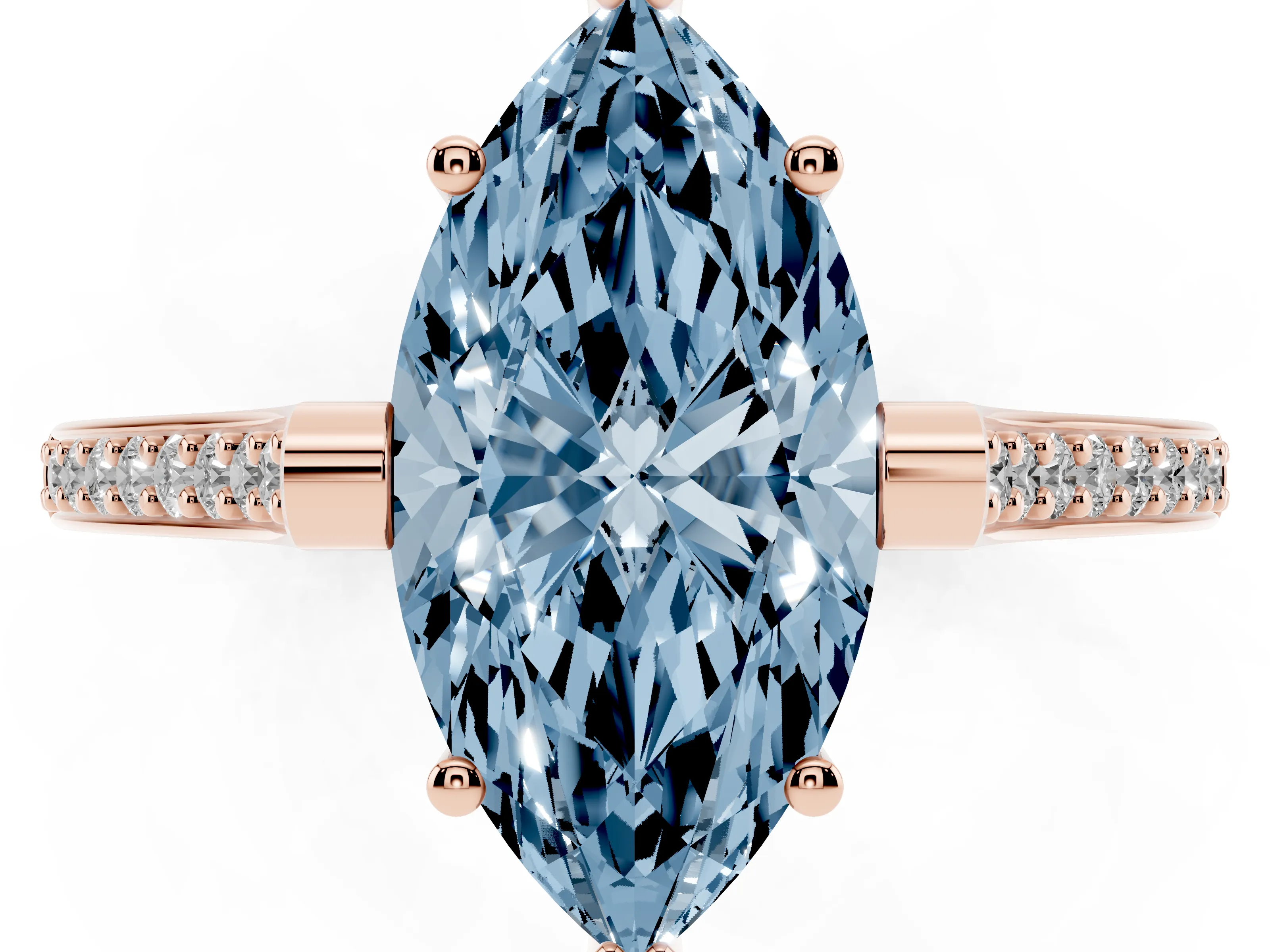 Fancy Blue Marquise Cut Diamond Solitaire Ring Set in Rose gold with Channel Set Band and Bezel Prong Setting