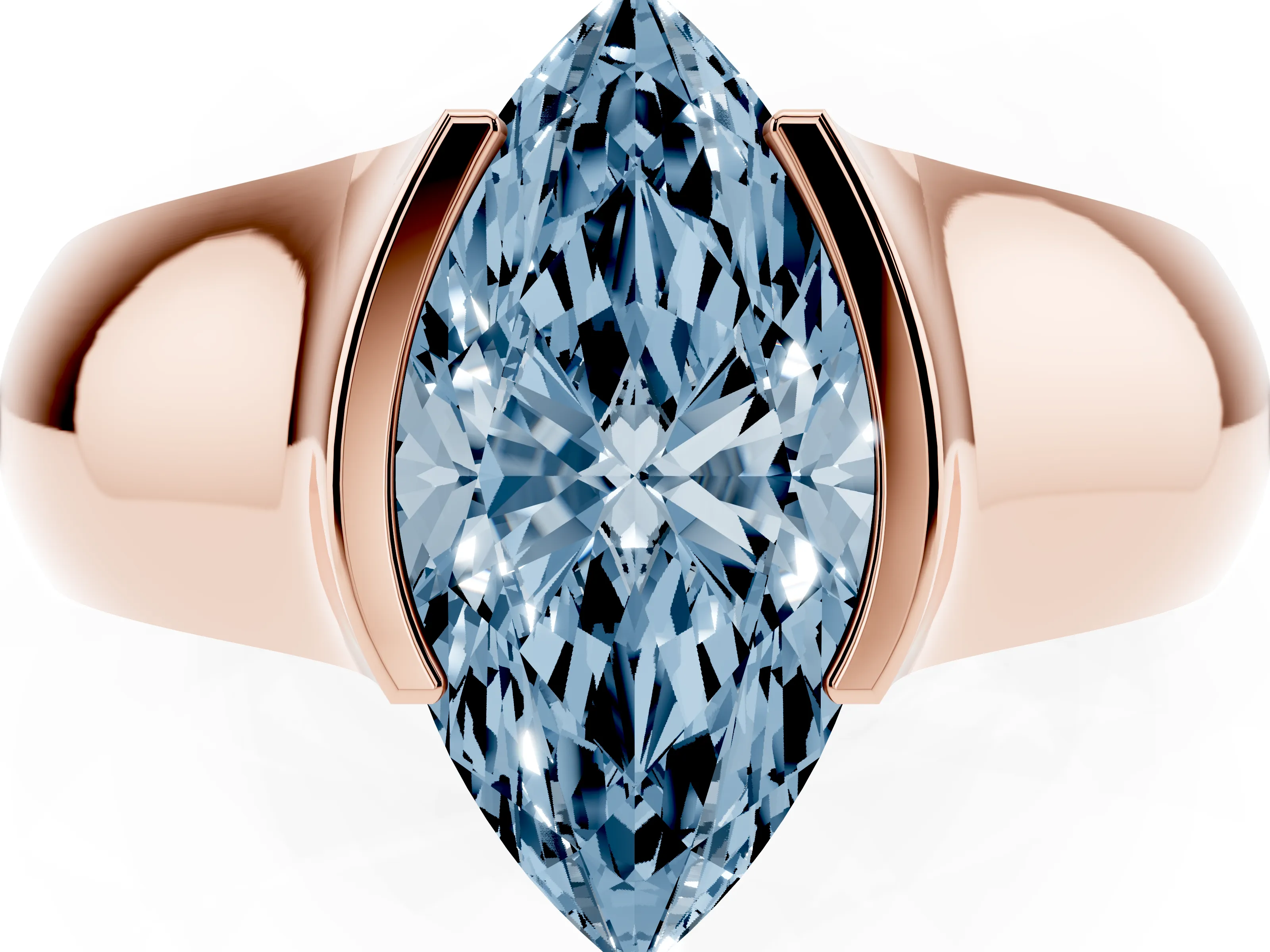 Fancy Blue Marquise Cut Diamond Bezel Solitaire Ring Set in Rose gold with Wide Band
