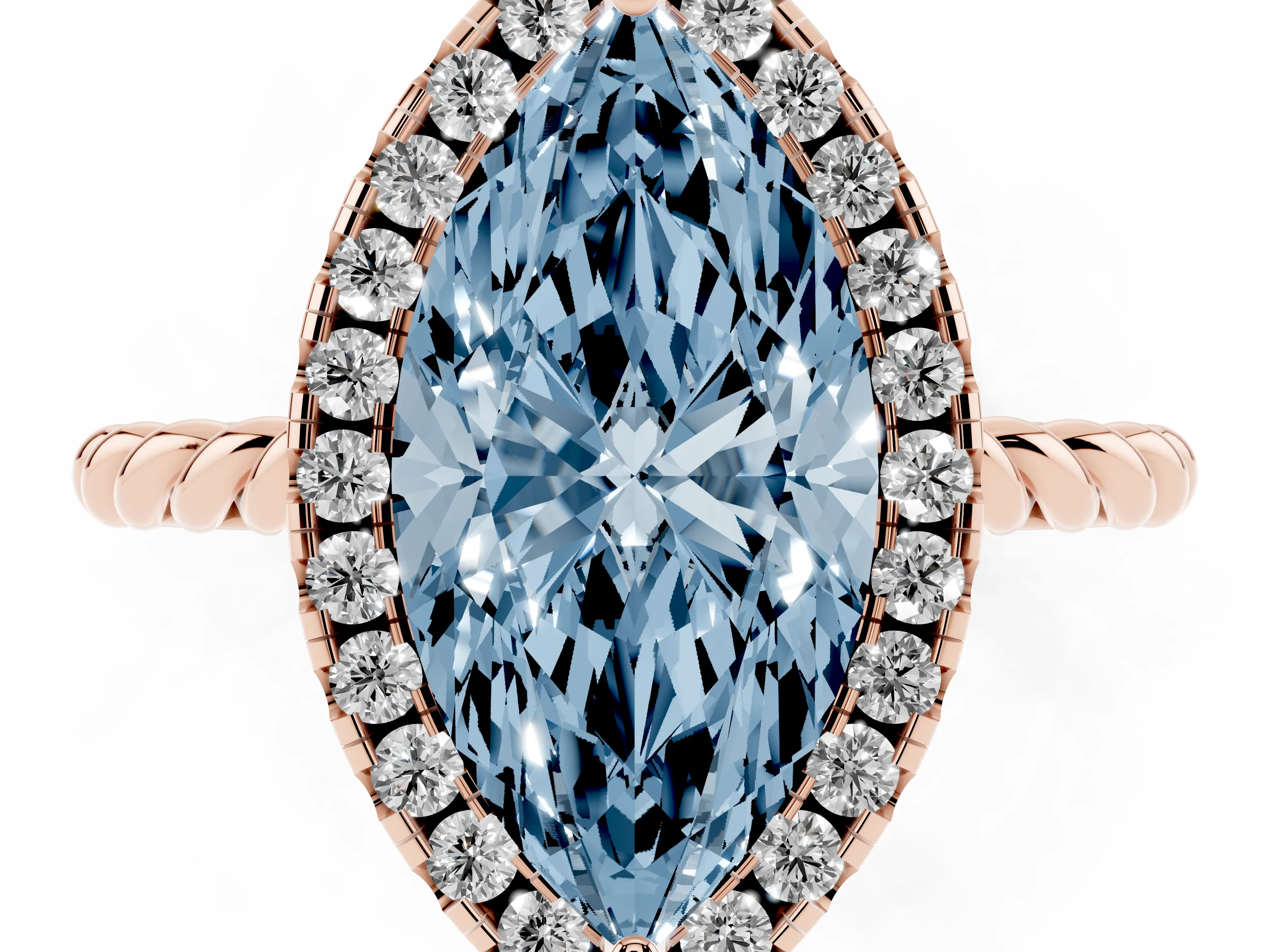 Fancy Blue Marquise Cut Diamond Halo Ring Set in Rose gold with Plain Twisted Band