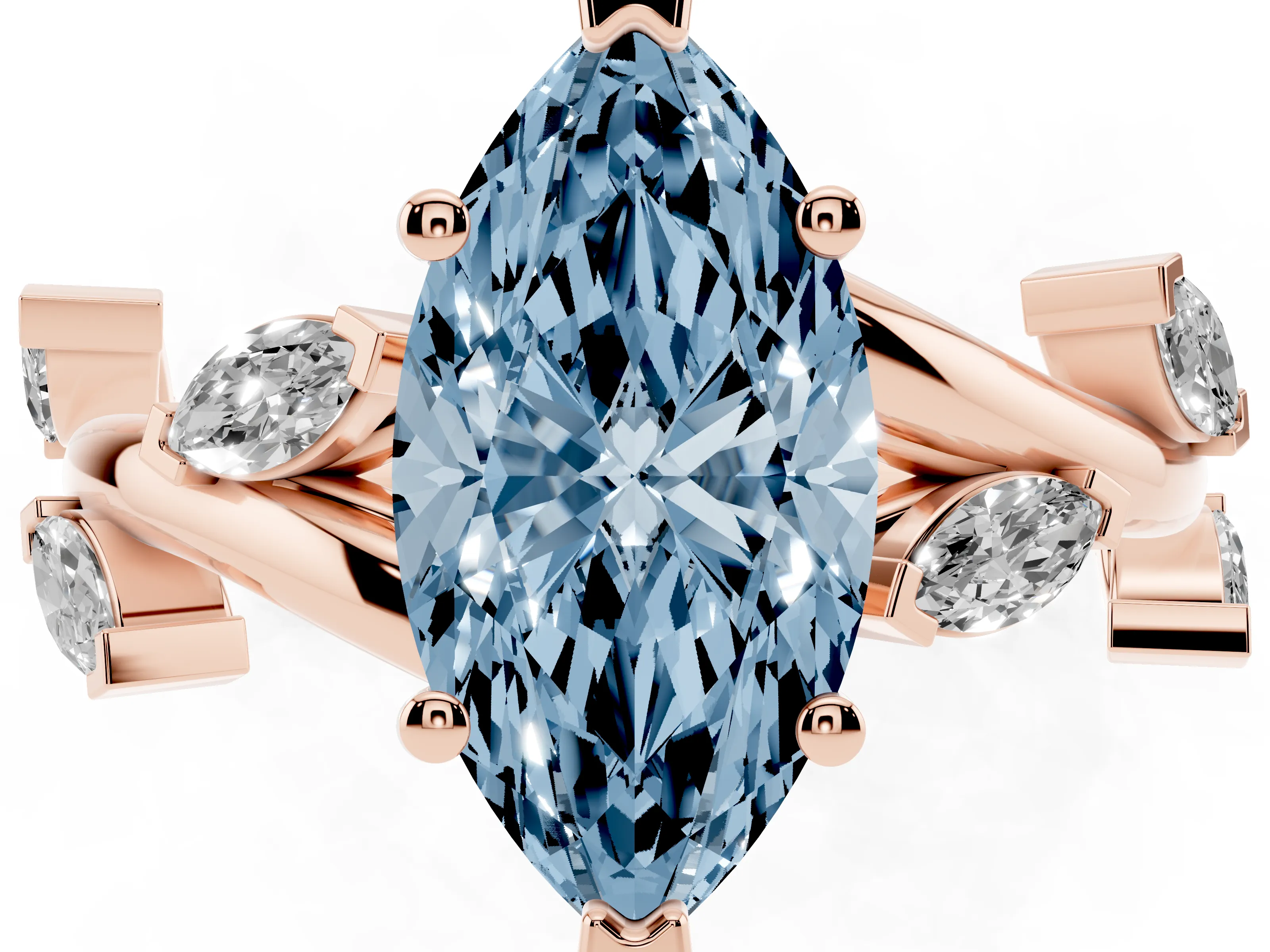 Fancy Blue Marquise Cut Diamond Solitaire Ring Set in Rose gold with Twisted Marquise Accent Band