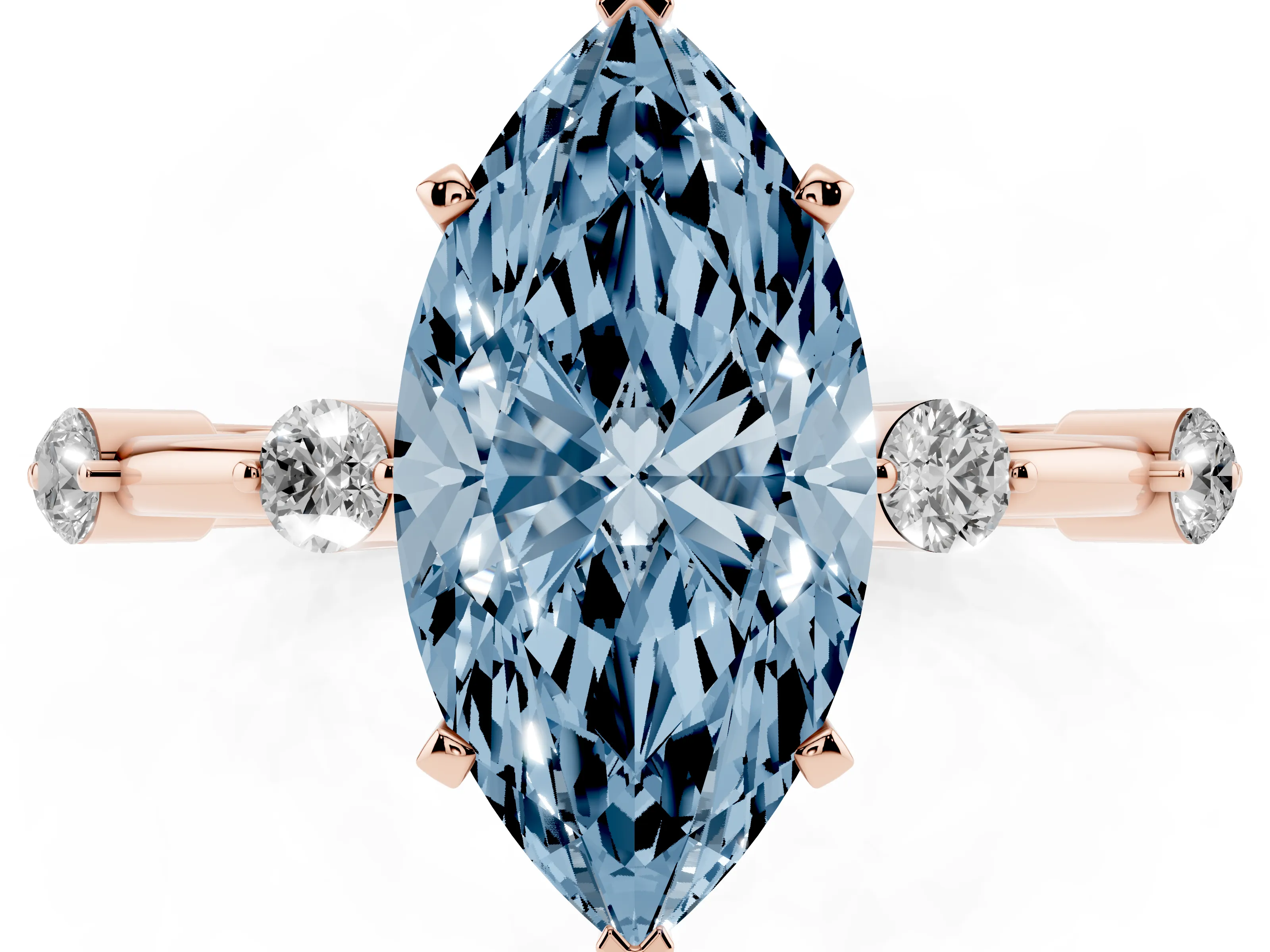 Fancy Blue Marquise Cut Diamond Solitaire Ring Set in Rose gold with Bezel Set Side Stones and Prong Setting