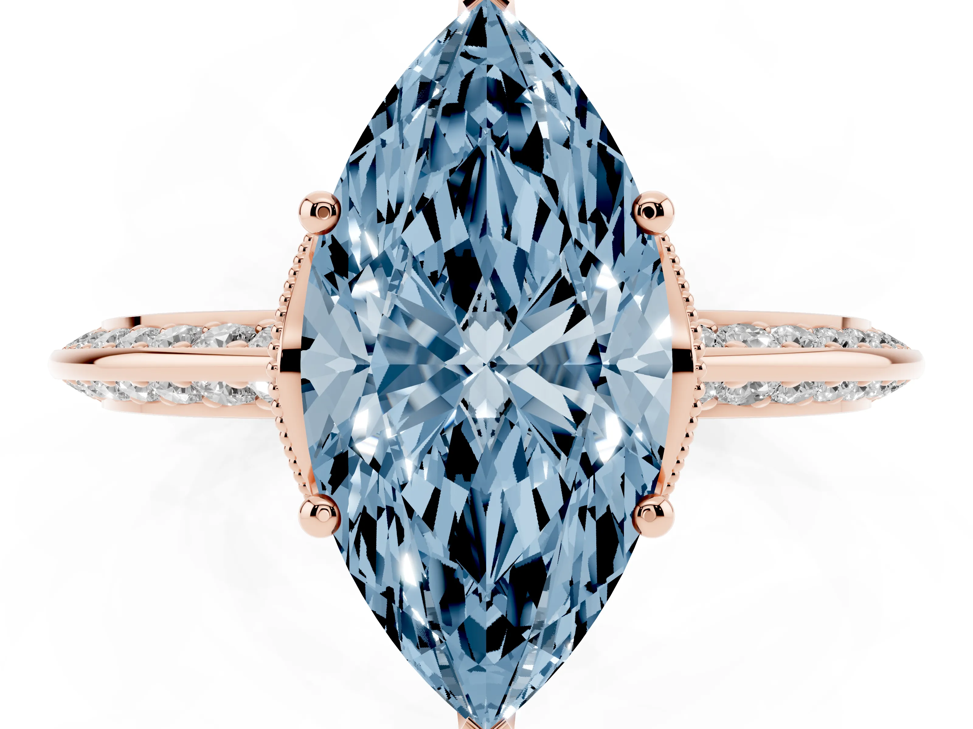 Fancy Blue Marquise Cut Diamond Solitaire Engagement Ring Set in Rose gold with Pavé Split Shank and Prong Setting