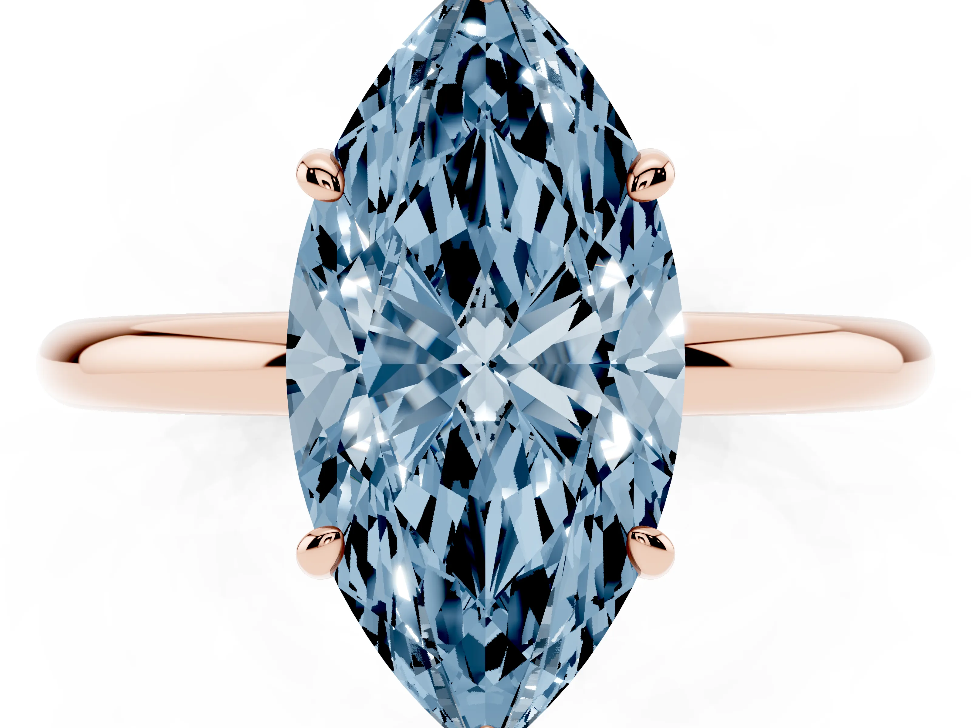 Fancy Blue Marquise Cut Diamond Solitaire Ring Set in Rose gold with Prong Setting on a Polished Plain Band