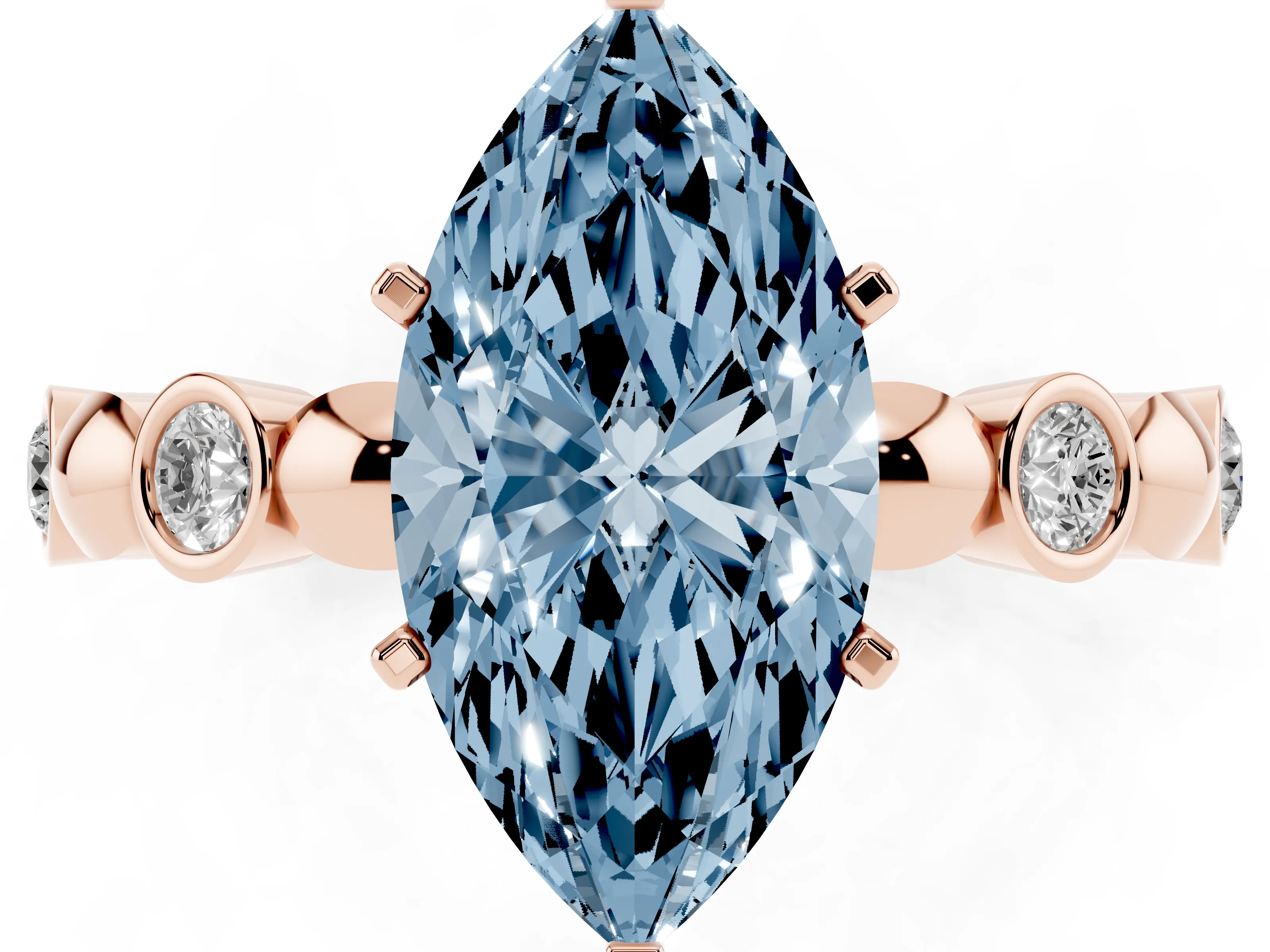 Fancy Blue Marquise Cut Diamond Solitaire Ring Set in Rose gold with Bezel-Set Accents on Beaded Band and Prong Setting
