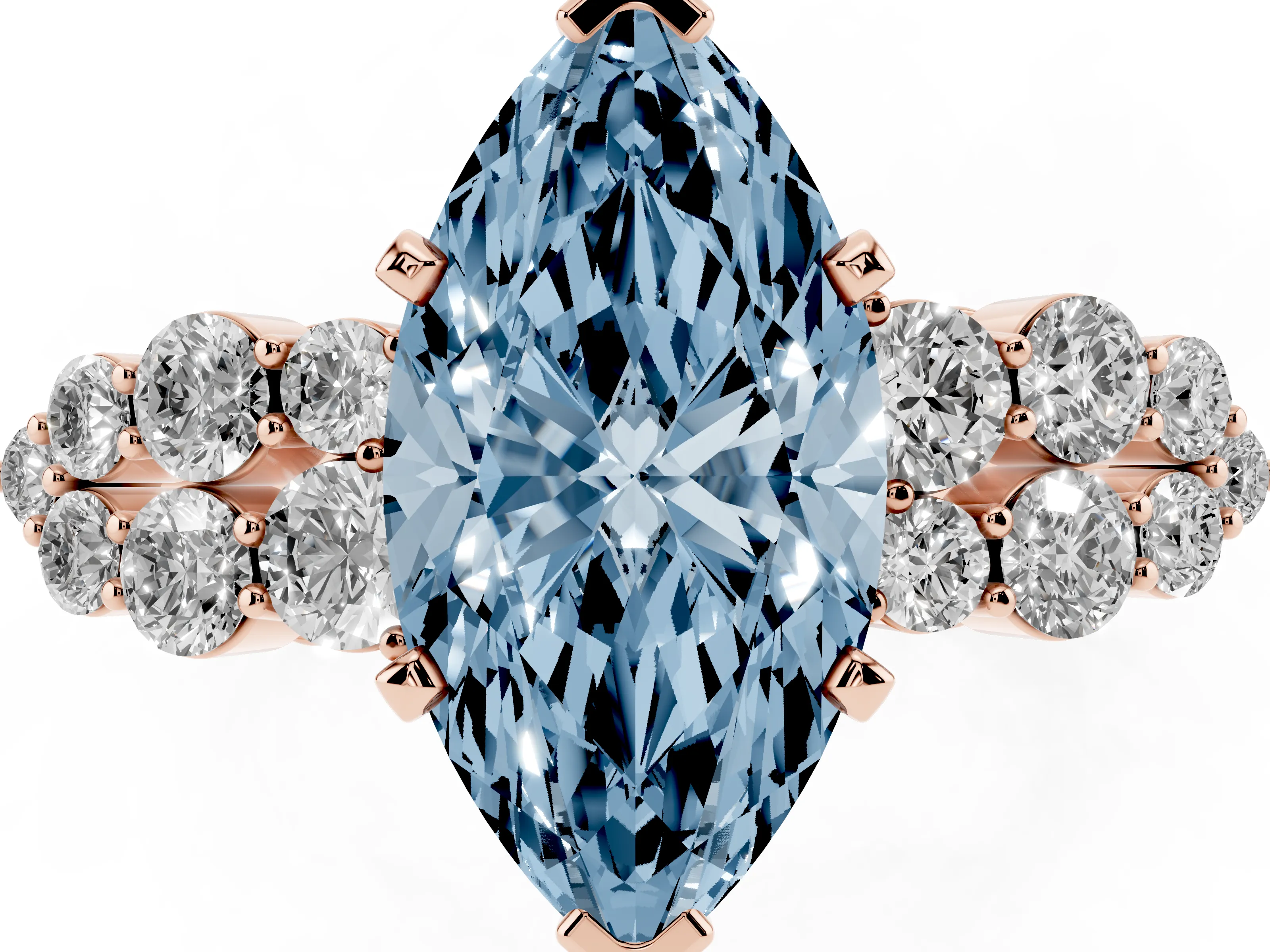 Fancy Blue Marquise Cut Diamond Cluster Engagement Ring Set in Rose gold with Pavé Band and Prong Setting
